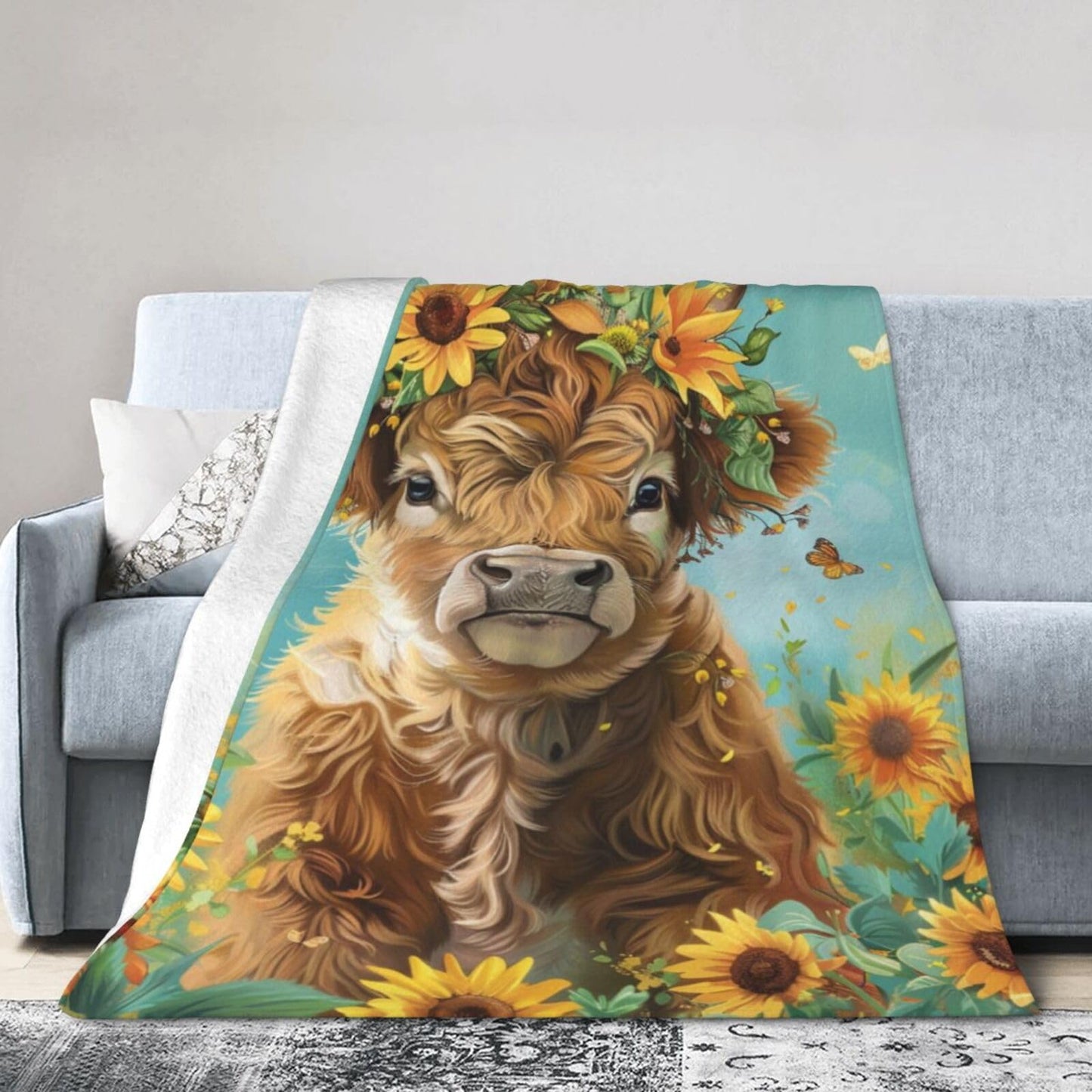 Qycazzw Highland Cow Blanket Gifts for Women Girls Kids, Sunflower Farm Animal Throw Blankets, Soft Cozy Flannel Throws for Sofa Couch Bedroom Decor 50x60in