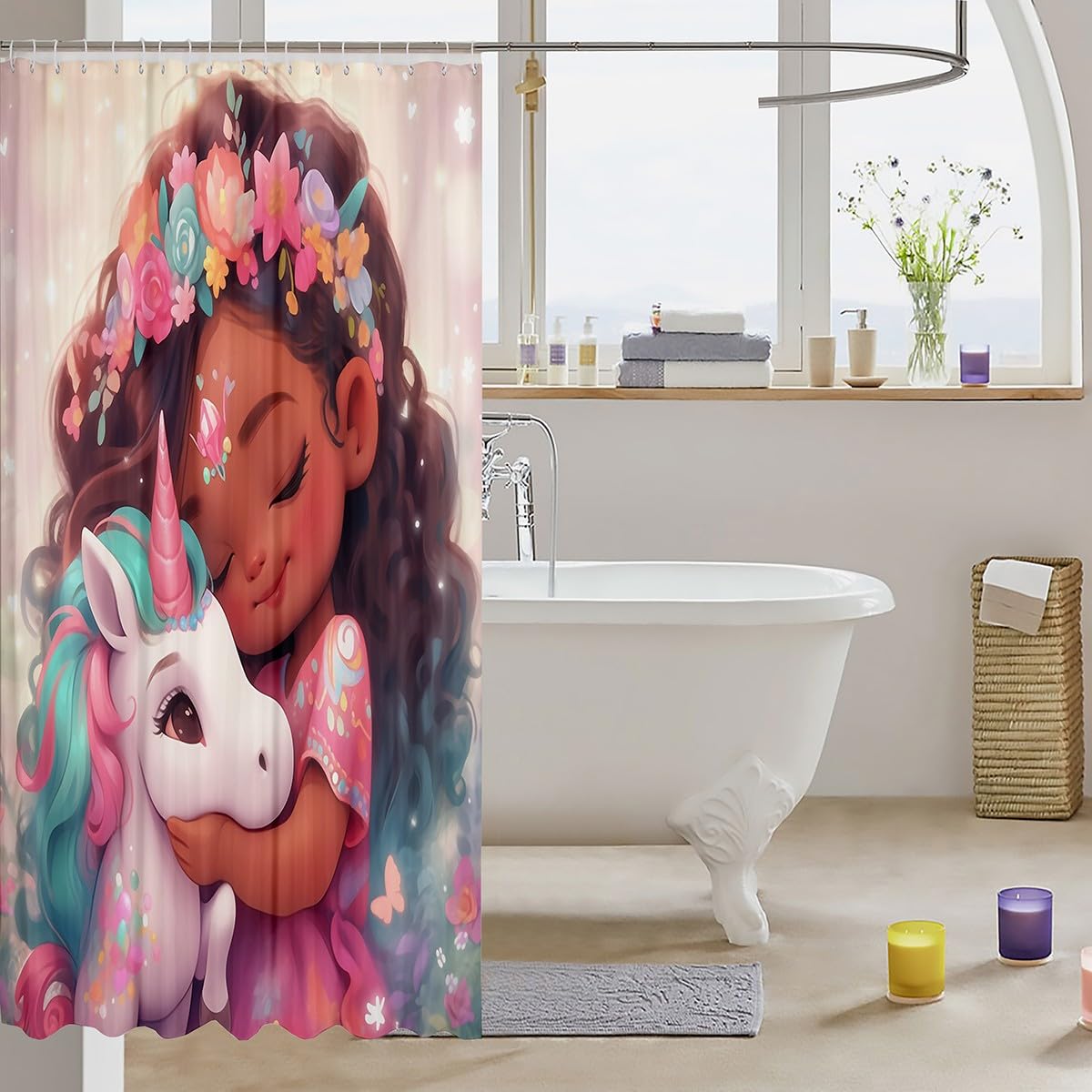 Unicorn Girl Shower Curtains American Stlye Black Cute Girl Waterproof Bath Curtains with 12 Hooks Suits for Bathtub, Flower Girl Unicorn Bathroom Curtains for Kid Princess Adults, 72" W x 72" L