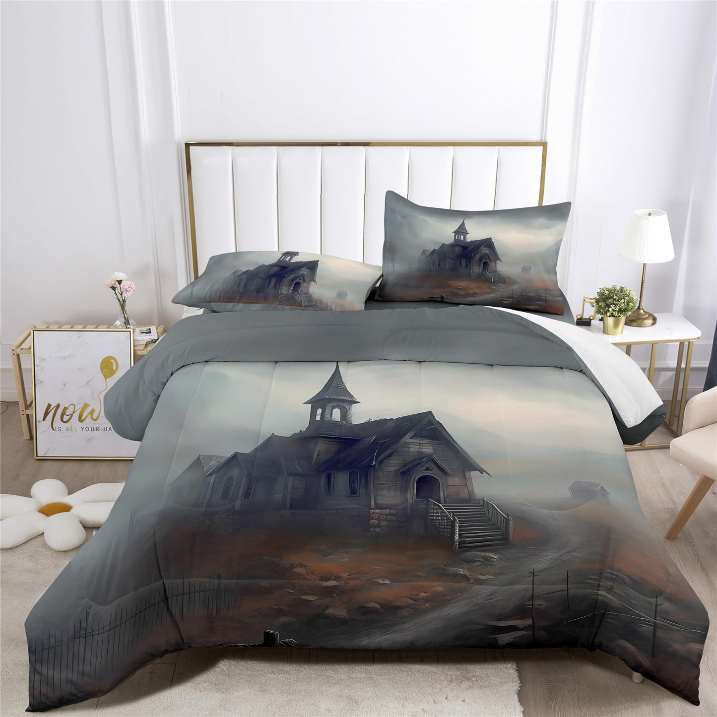 Halloween Haunted House Prints Comforter Set | Horror Festive Spooky Manor Design Bedding Set | with Soft Comforter+2 Pillow Shams(3PCS) or Sheet (4PCS) (B,Full-3PCS)