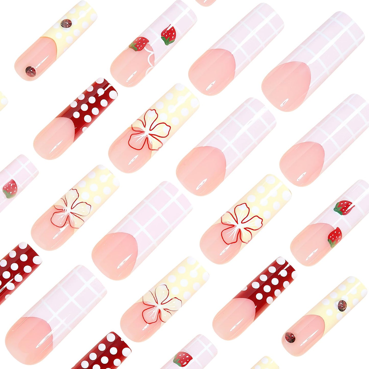 MISUD Press on Nails - Long Square Fake Nails with Spring Pink Yellow, Acrylic Checkered Polka Dot Strawberry Ladybug Design 24 pcs