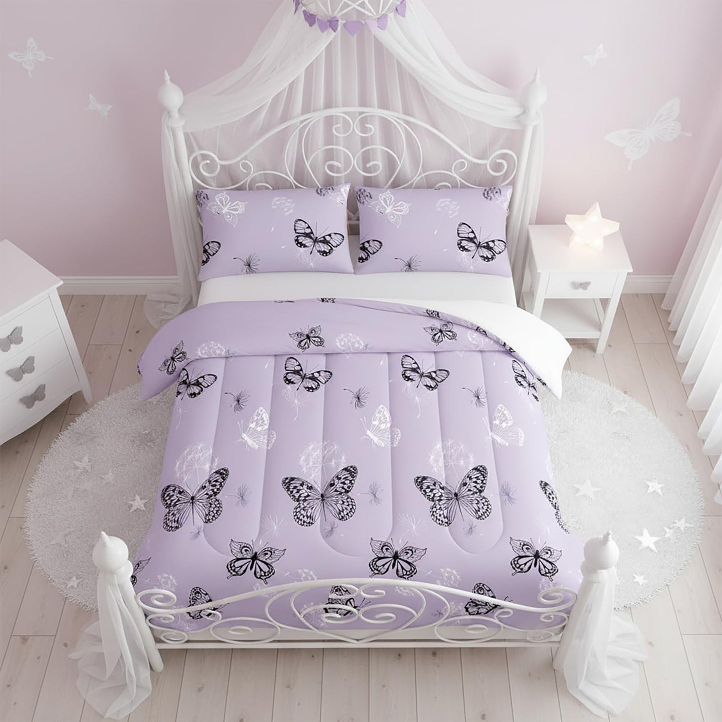 QOOMO 3Pcs Butterfly Comforter Set Twin,Purple Butterflies Bedding Set for Teens Boys Girls,Dandelion Butterflies Printed Comforter with 2 Pillowcases,Down Alternative,Soft and Lightweight