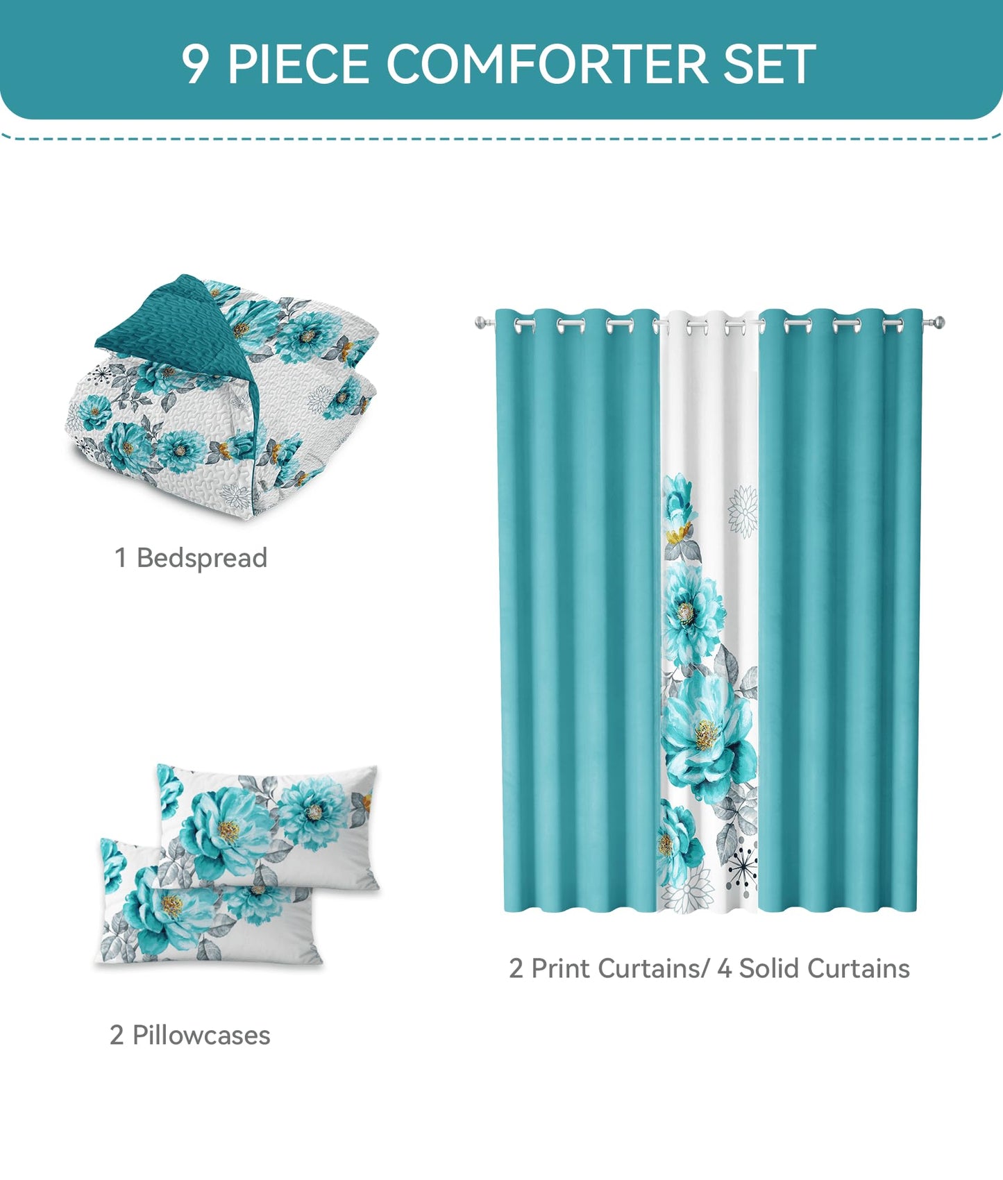CozyCreatures Vintage Boho Mint Green King Light Comforter Set, 9-Piece Bed in a Bag with Curtains, Brushed Microfiber Bedspread Set with Matching Curtains for Master Bedroom, Machine Washable