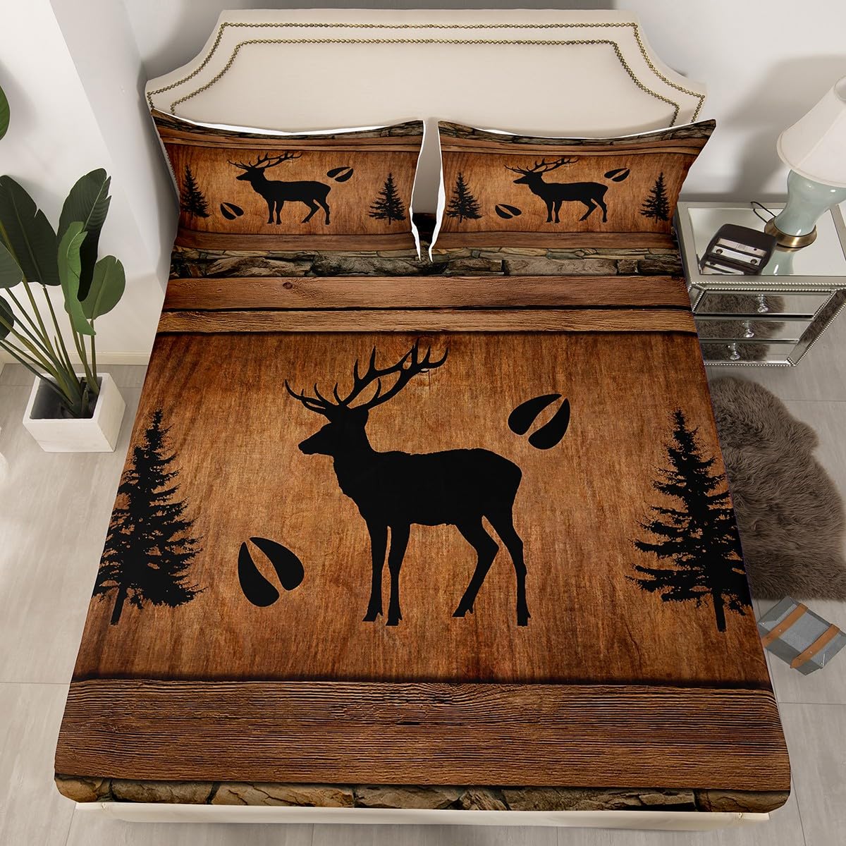 Manfei Rustic Deer Fitted Sheet Twin Size, Black Tree Deer Paw Print Bed Cover with 1 Pillowcase, Brwon Wooden Plank Bedding Set 2pcs for Kids Boy Room Decor, Soft Polyester Bedding