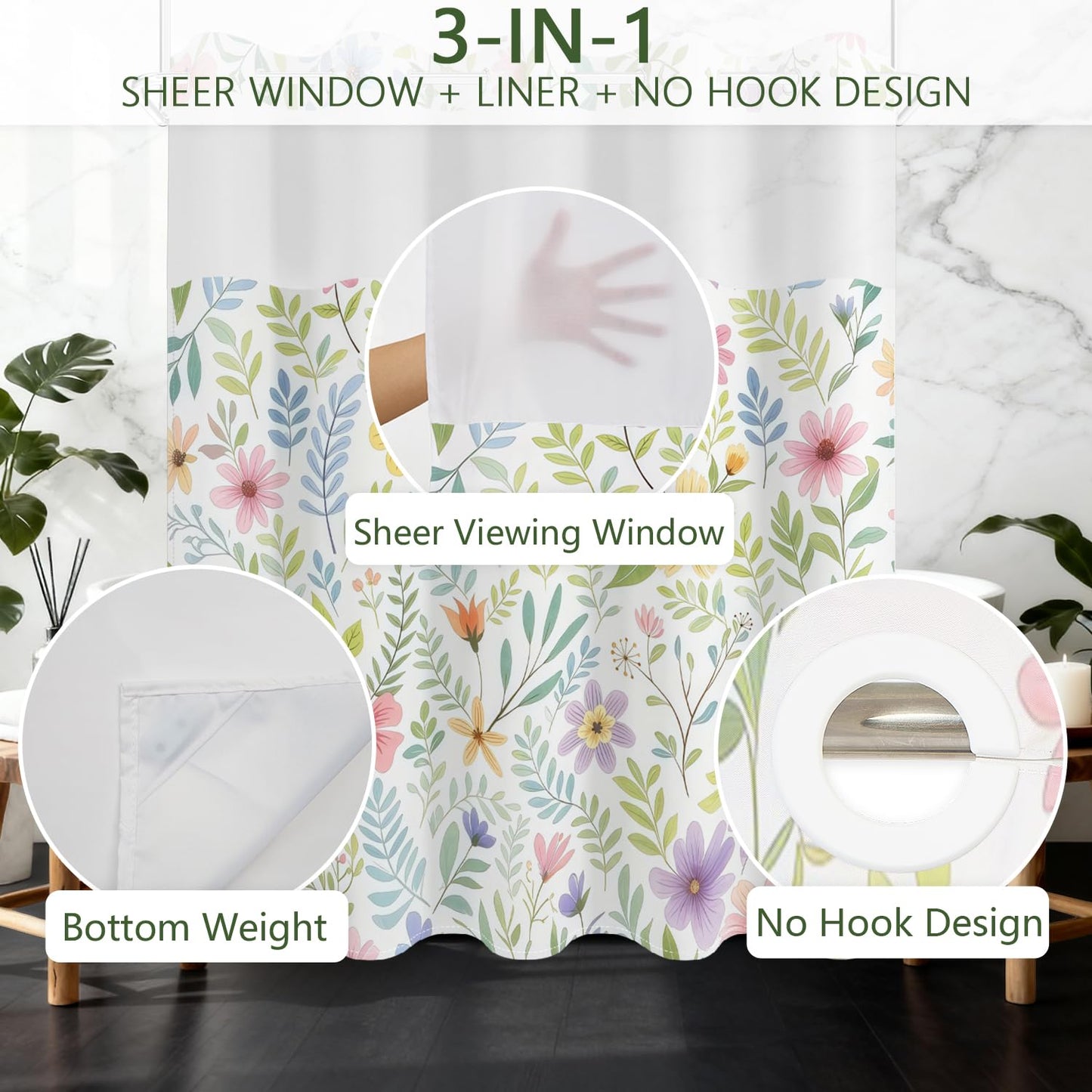 No Hook Shower Curtain with Snap in Fabric Liner Set, Waterproof & Washable, Boho Colorful Plant Floral Shower Curtains for Bathroom, Farmhouse Rustic Flower Bathroom Curtain, House Gift, 71x74 inch