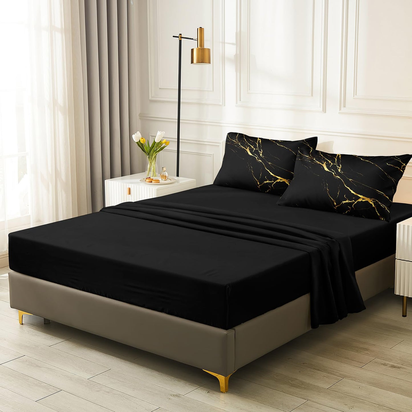 Merryword 8 Pcs Bed in a Bag Black Marble Comforter Set Full Size Gold Metallic Bedding Set