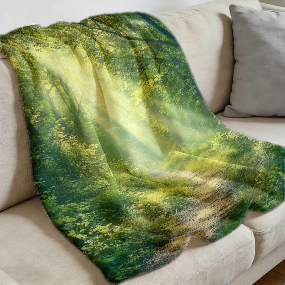 ZHOUSHUTONG Summer Forest Landscape Flannel Throw Blanket, Soft Cozy Green Nature Landscape Print Plush Blankets for Couch Bed Sofa, Gift for Nature Lovers 49"x59"