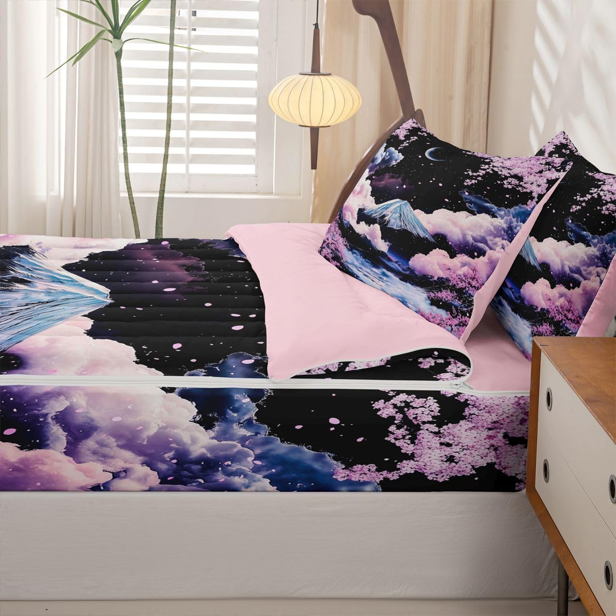 Erosebridal Japanese Cherry Blossom Zip Up Bedding Comforter Sets Twin Size, Japanese Style Comforter in One Zipper - Japan Mount Fuji Bedding Set with Pillowcases