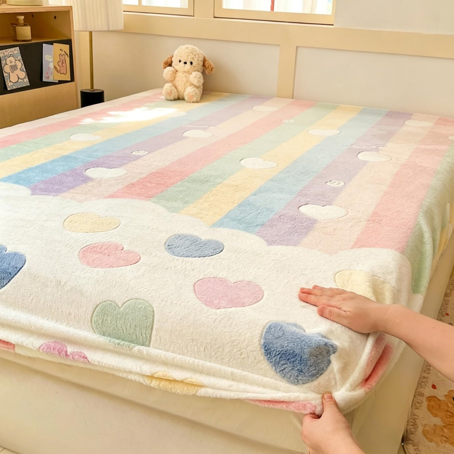 MorroMorn Fleece Fitted Sheet Full Only, Super Soft Plush Bottom Sheet with 20" Deep Pocket, Pink Kawaii Cute for Girls Kids Teen Fall Winter Spring, No Pillowcases (Rainbow Love, Full Size)