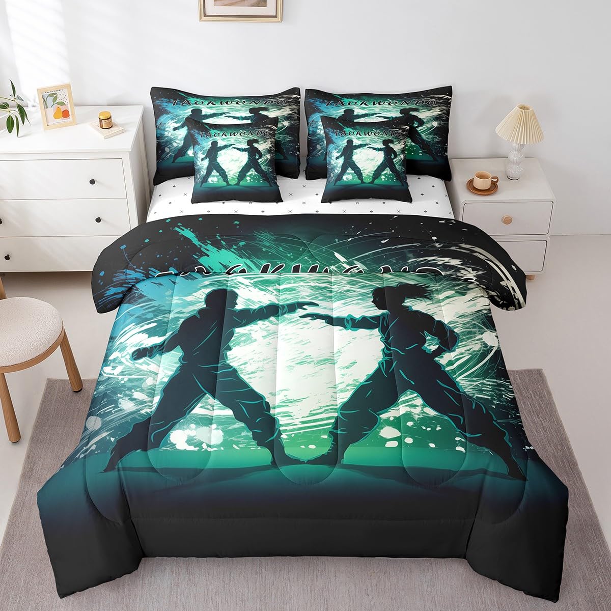 Erosebridal Taekwondo King Bedding Set with Sheets,Japanese Anime Style Bed Set 7 Piece for Boys Teen Kids Bedroom Decor,Sports Themed Comforter Sets with Fitted Sheet,Flat Sheet,Pillowcases
