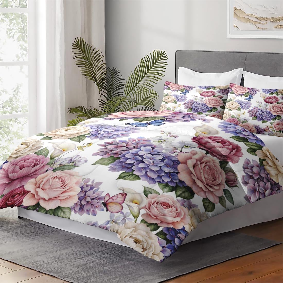 WeCozy Twin Size Comforter Set with Pillowcase, Painting Floral Rose Flower Hydrangea Soft 2 Pcs Bedding for Kids and Adults Bedroom Bed Decor