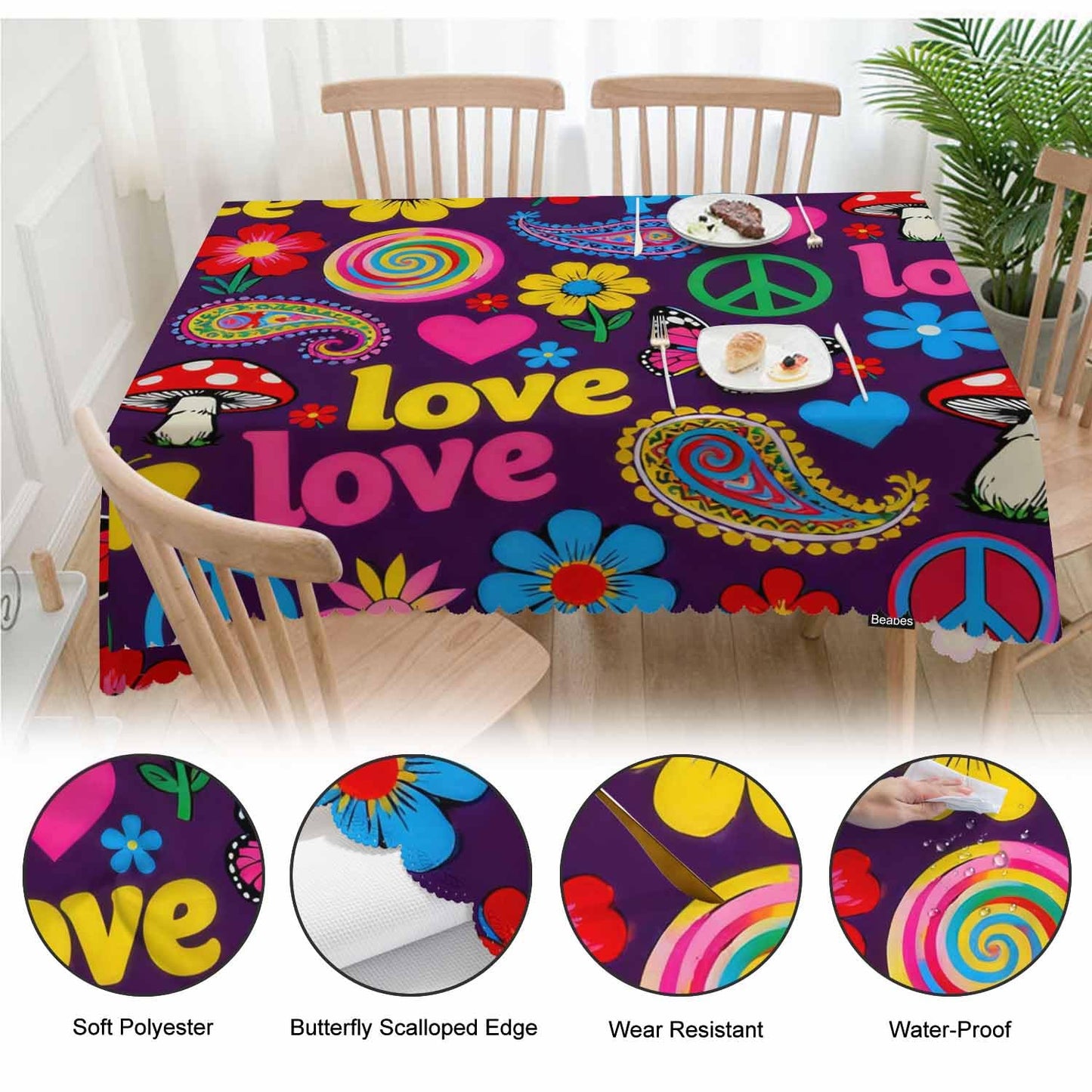 Beabes Peace Symbol Table Covers Hippie Peace Paisley Floral Colorful Heavy Weight Tablecloth Picnic Table Cloth for Kitchen Dinning Tabletop Outdoor BBQ Buffet Rectangle 52x70 Inch