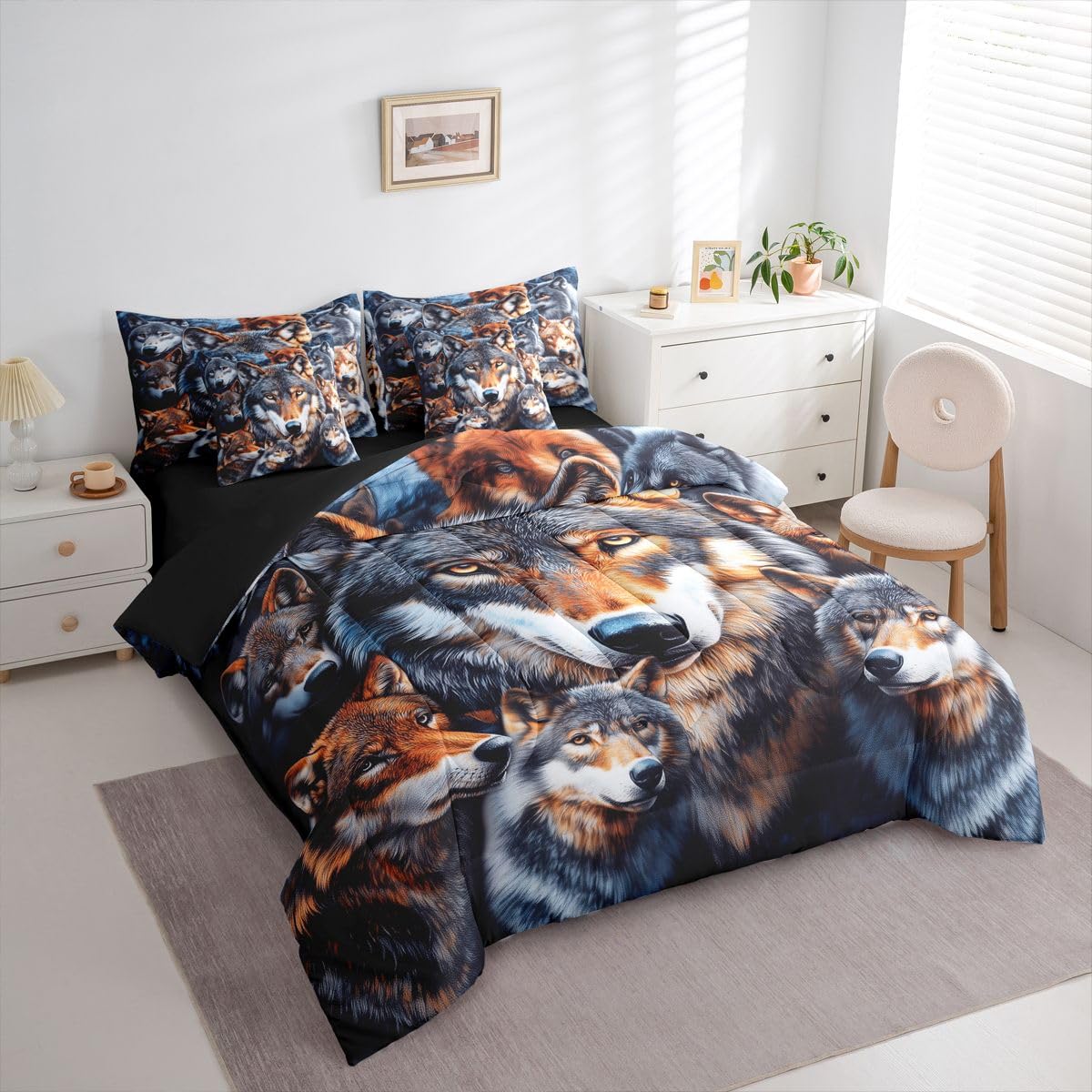 Feelyou Wolf Queen Comforter Set with Sheets for Kids Boys Girls Wolves Howling 7 Pieces Bedding Set Western Farmhouse Bed in a Bag Wild Animal Room Decor Soft Microfiber