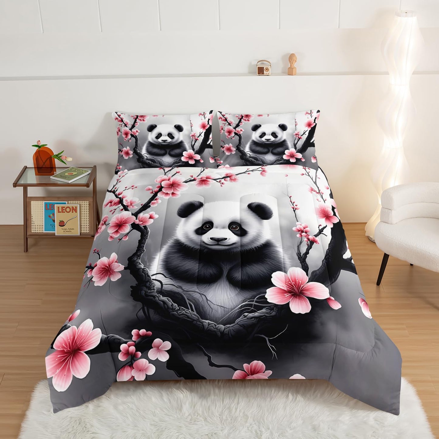 HOSIMA Panda Twin Comforter,Cute Panda Sitting Surrounded by Flowers on Branches,Gray White Ink Background Pattern Animal Bedding for Kids Boys Girls Room Decor,Cute Bedding with 2 Pillowcases.