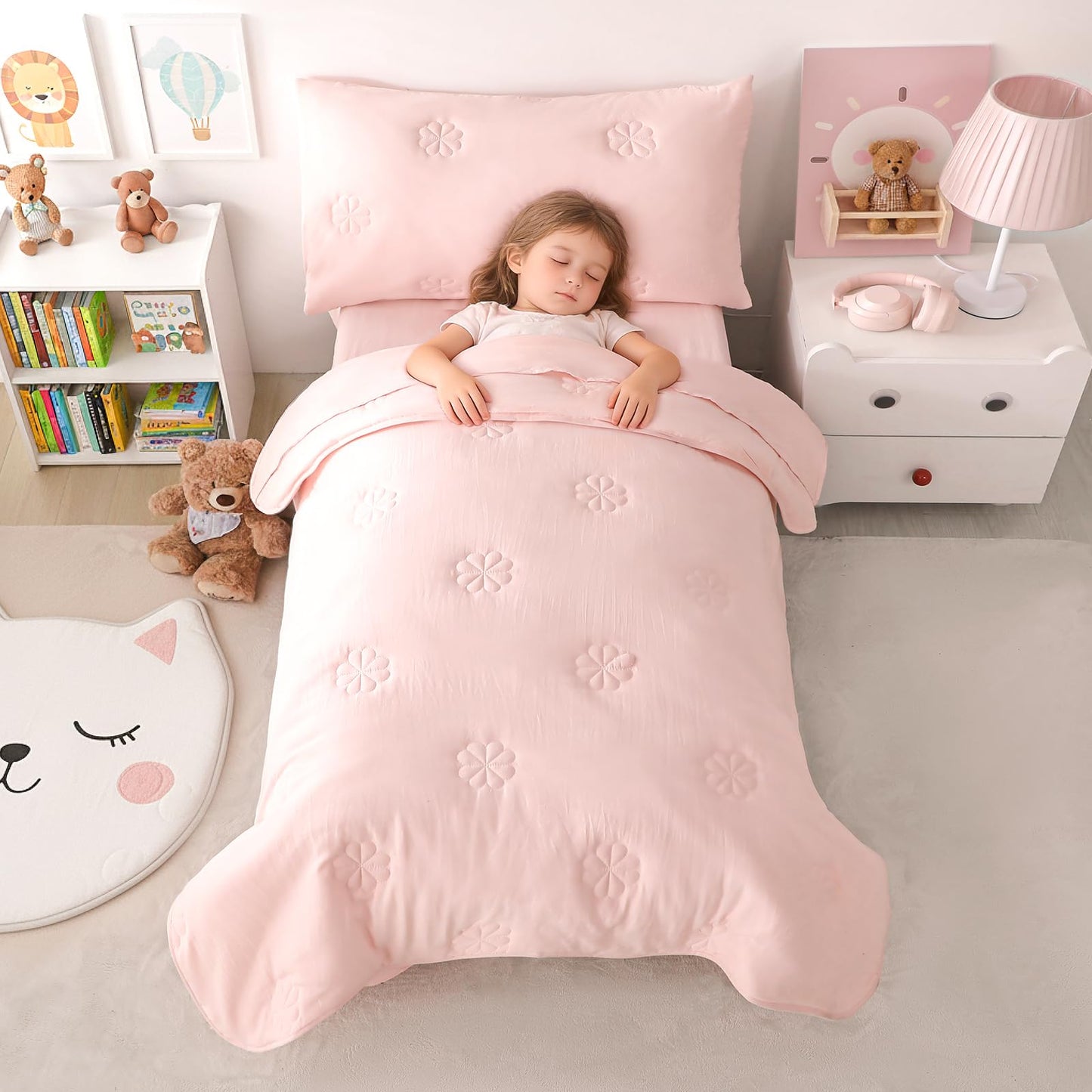 DreLunis Pink Toddler Bedding Sets for Girls, 4 Pieces Soft Microfiber Floral Embroidery Toddler Bed-in-a-Bag Includes Soft Comforter, Flat Sheet, Fitted Sheet, Envelope Pillowcase