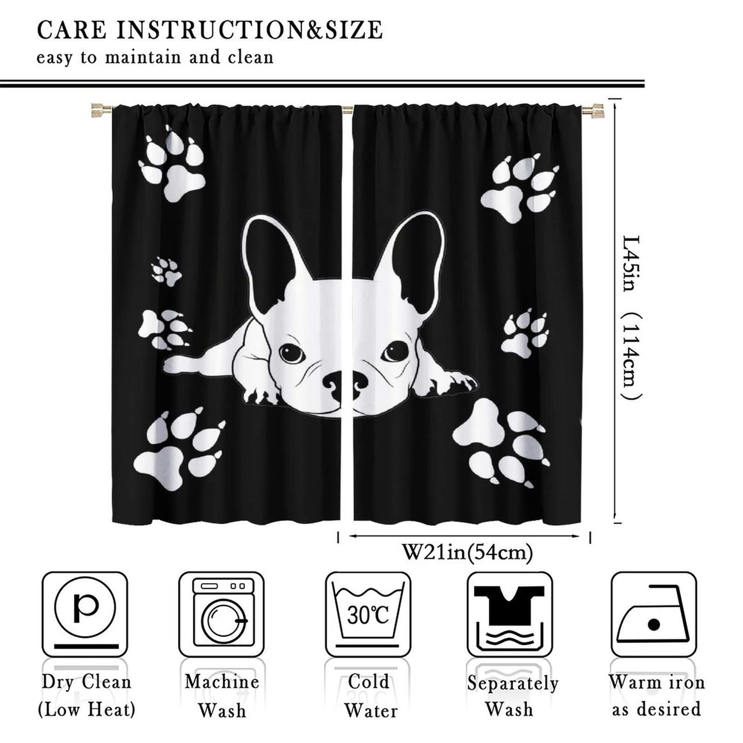 Kazynee Cute French Bulldog Rod Pocket Blackout Curtains for Bedroom - Black White Abstract Hand Painted Dog Paw Puppy Window Drapes,2 Panels 45L x 21W Thermal Insulated Room Darkening Curtains