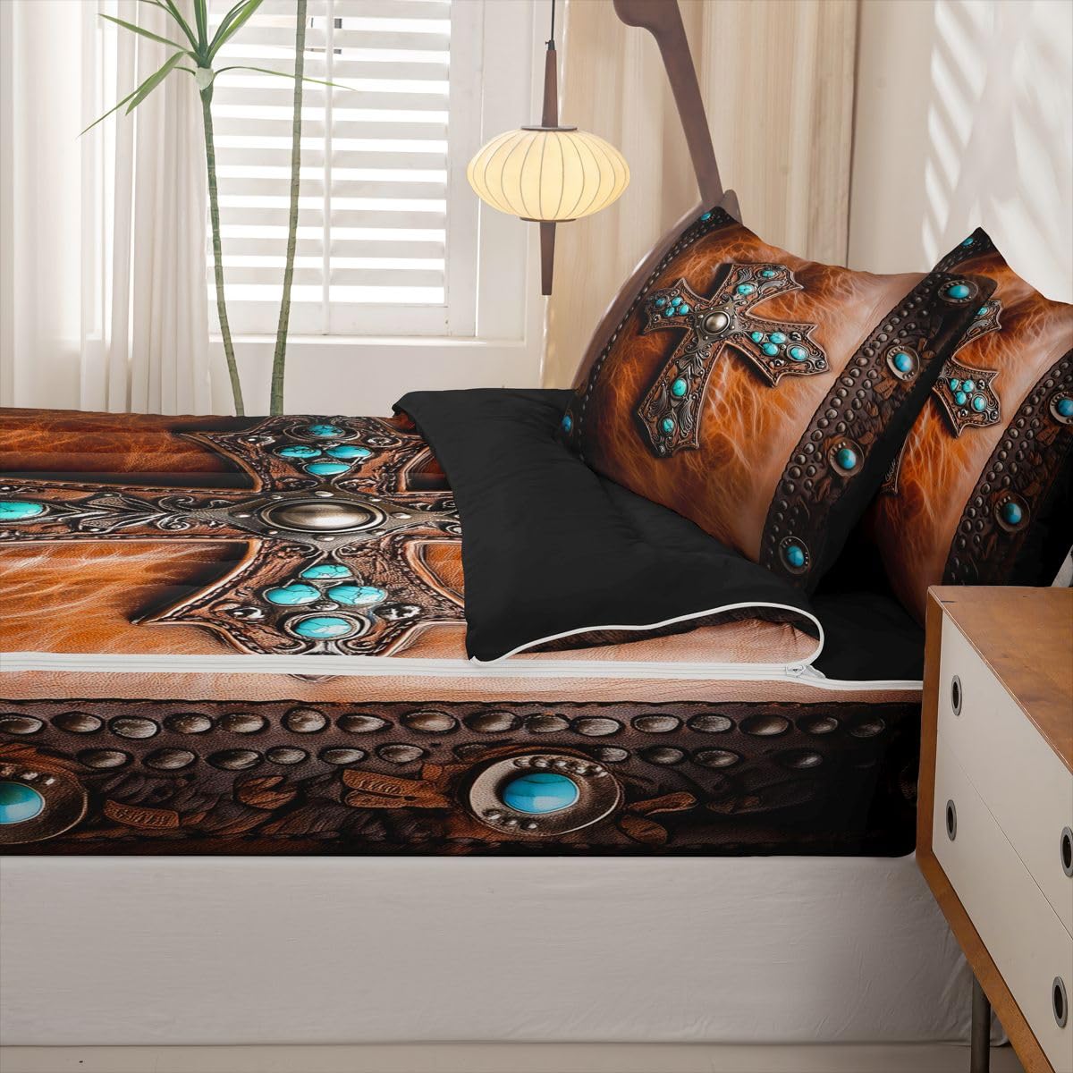 Erosebridal Ethnic Cross Zippered Bedding Set Twin Bohemian Comforter Set Rustic Western Bed in a Bag Southwestern Aztec Zipper Quilt Fitted Sheet,2 Pillowcases