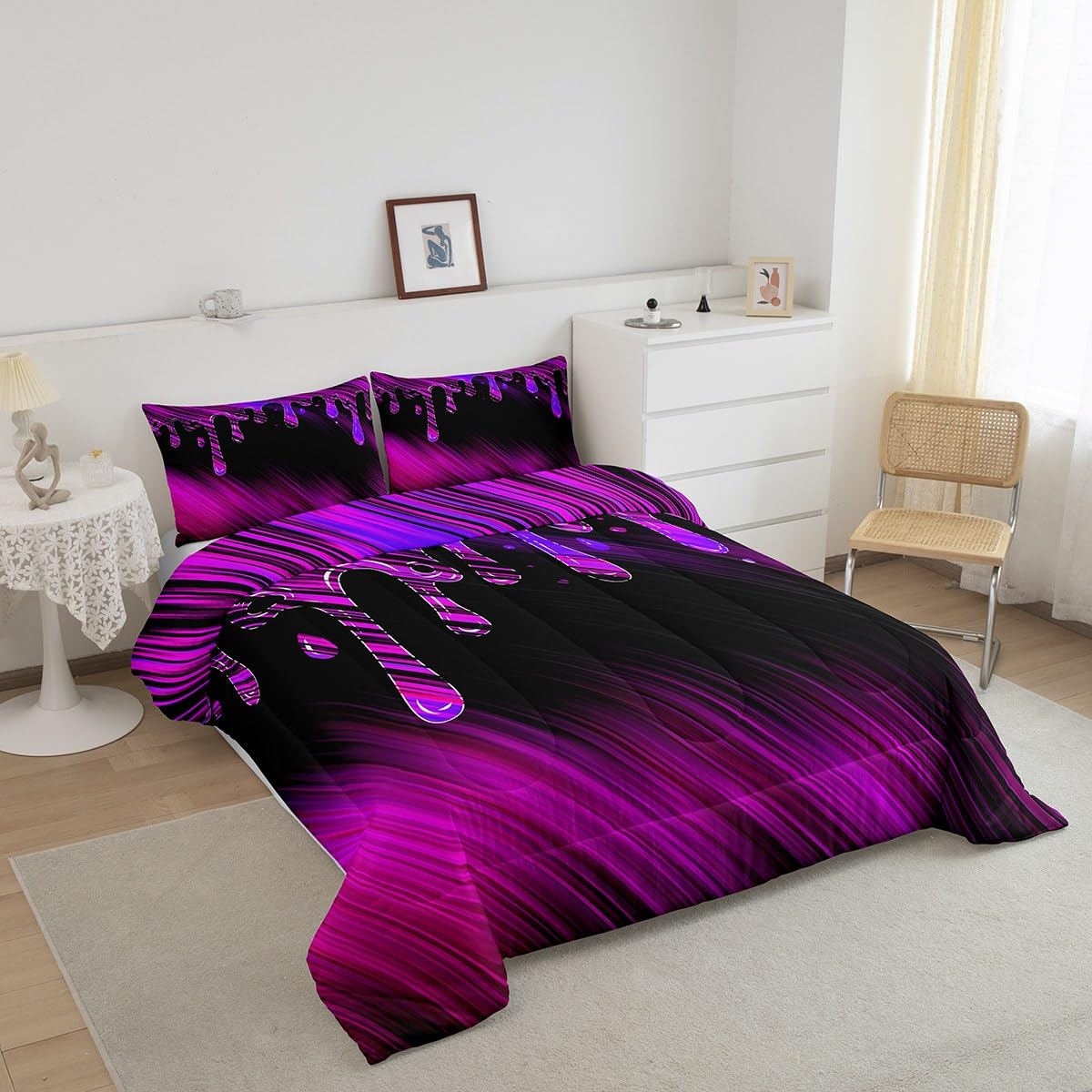 Feelyou Abstract Bedding Set Kids Ombre Purple Black Reversible Comforter Set Modern Art Comforter for Women Men Room Decor Drop-Shaped Duvet Set Full Size with 2 Pillow Case