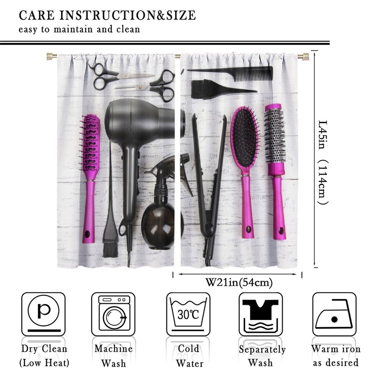 ZhiRain Fashion Makeup Curtains Hair Salon Cosmetic Haircut Equipment Hair Dryer and Comb Pattern Curtain with Rod Pocket for Home Decor Drapes Window Treatments 2 Panels Set 42x45 Inch