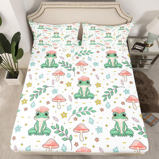Erosebridal Bed Linen Set with Frog Fitted Sheet, Pink Mushroom Decor, Twin, 1 Pillow Case