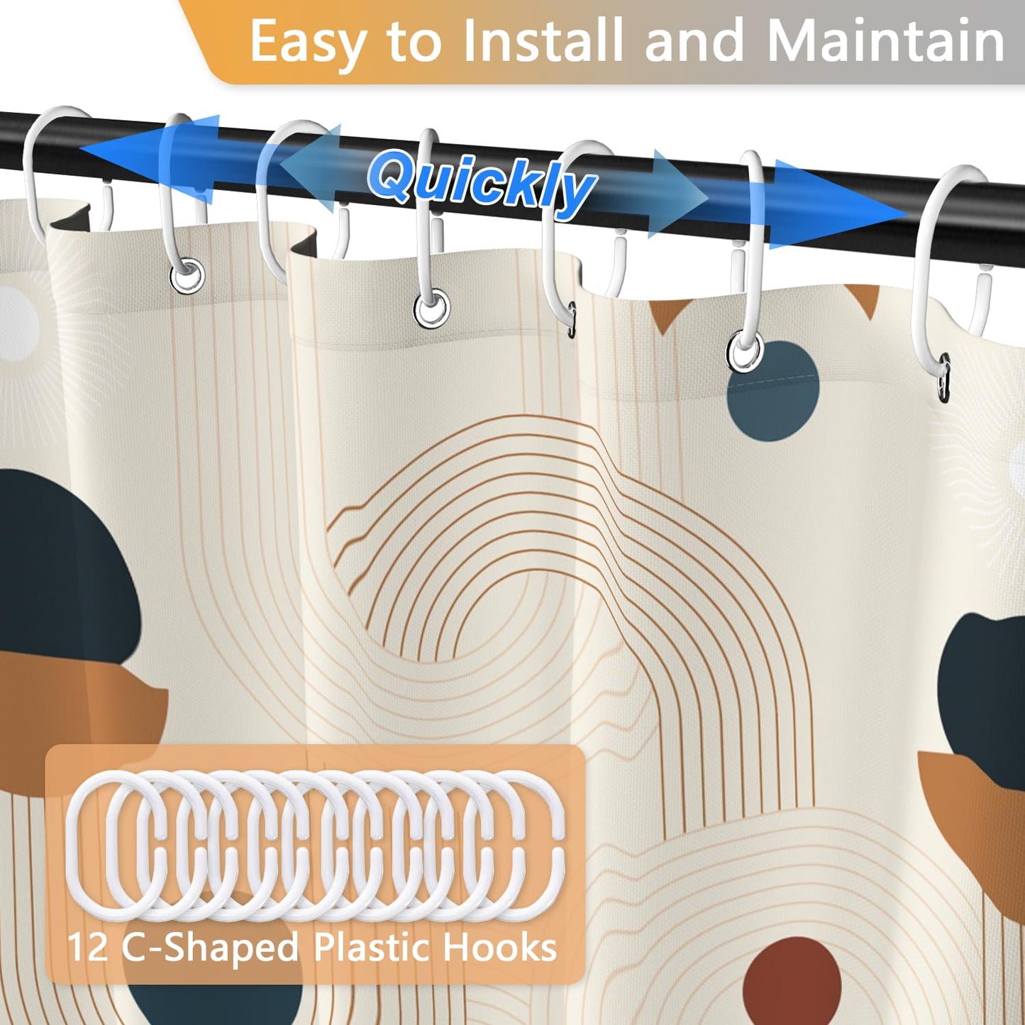 Abstract Mid Century Shower Curtain, Boho Geometric Arch Beige Retro Bathroom Shower Curtains, Morden Minimalist Hotel Style Polyester Shower Curtain, Waterproof Fabric with Hooks, 72" W x 72" L