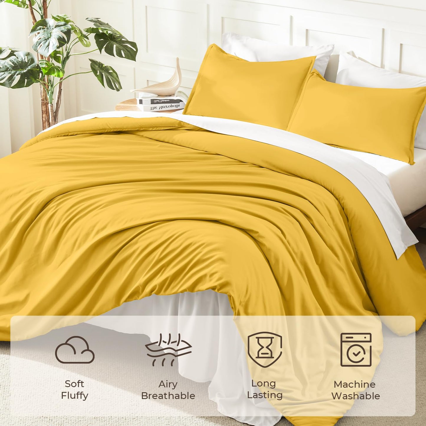 Litanika Mustard Yellow Comforter Set King Size, 3 Pieces Lightweight Solid Bedding Comforter Set, All Season Fluffy Bed Set (104x90In Comforter & 2 Pillowcases)