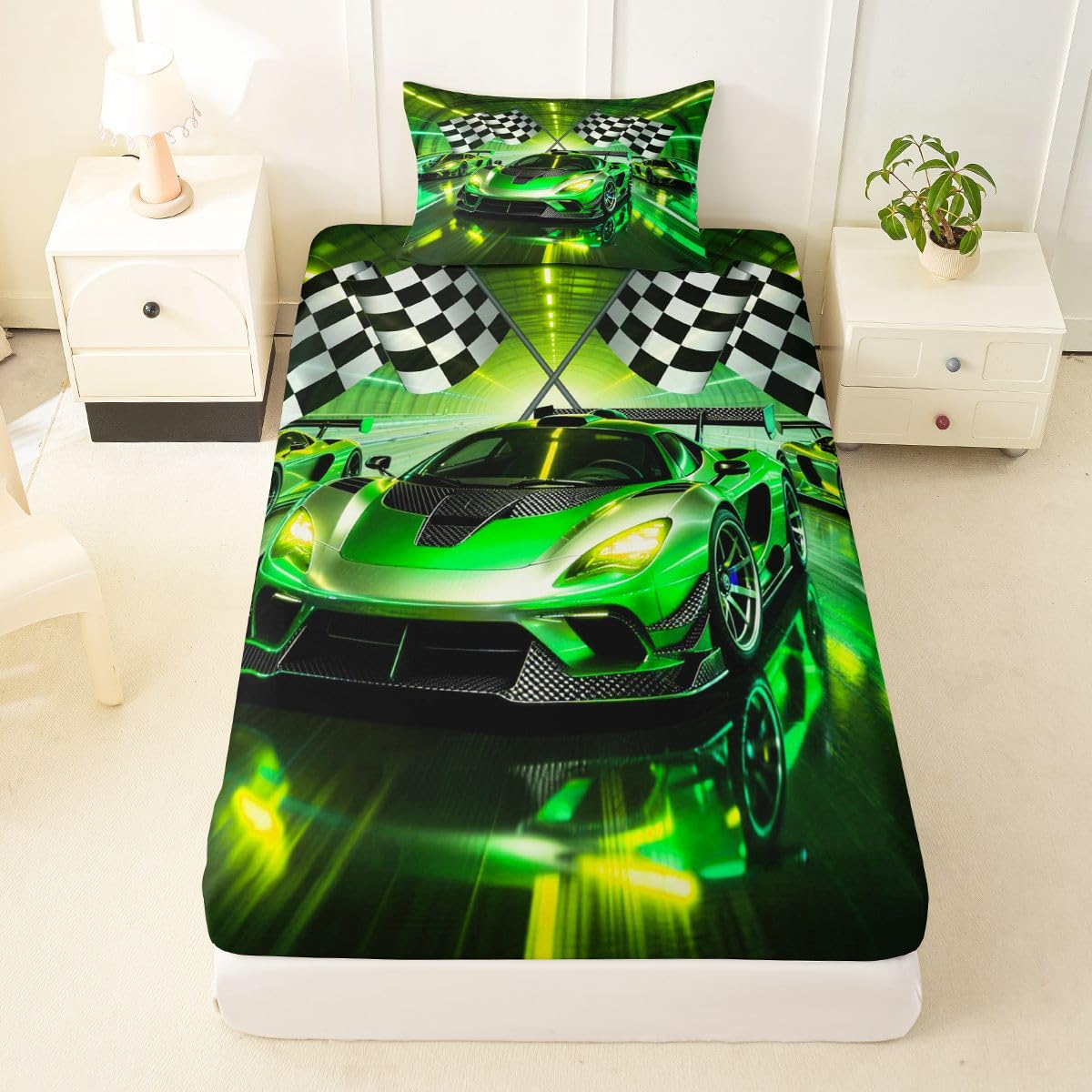 Feelyou Boys Sports Car Fitted Sheet with 1 Pillowcase Twin Size Speed Race Car Bed Sheets Set 16" Deep Pocket Boys Girls Racing Extreme Sports Bedding Teens Bedroom Decor Breathable Soft Lightweight