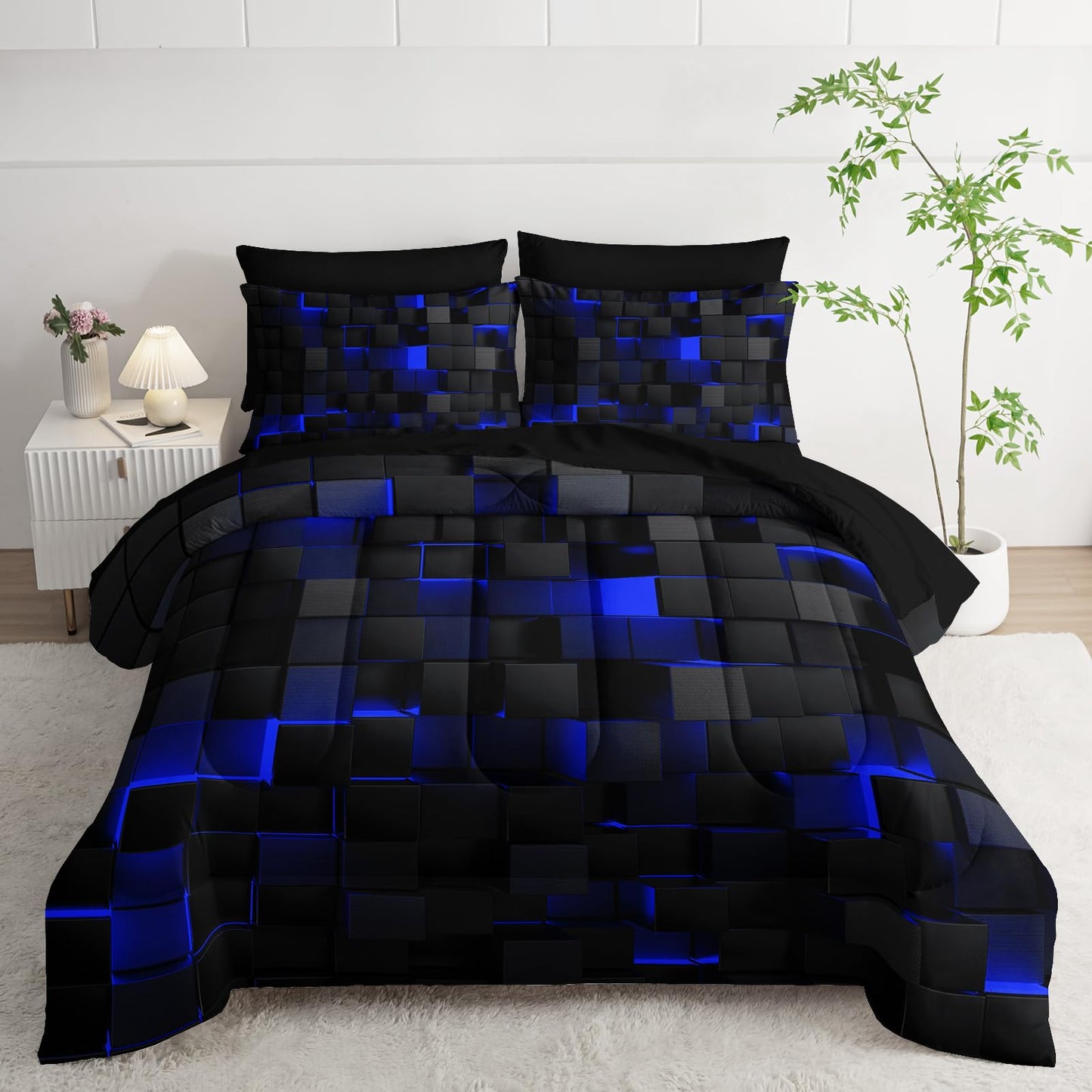 Nttopship Geometric Blue Black King Comforter Set,Light Honeycomb Bedding Set 7 Piece in A Bag,Bed Sheet Set Geometry Decor,Microfiber Lightweight All Season