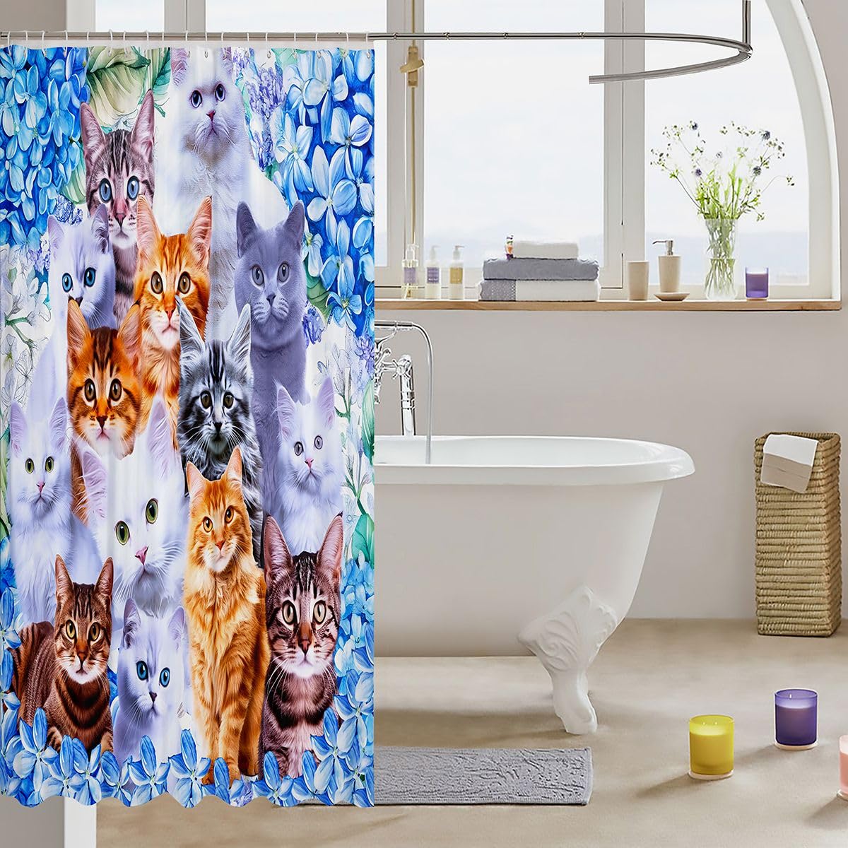 Cute Cat Shower Curtain with Hooks Cartoon Pet Cats Waterproof Shower Curtains Boys Girls Cute Kitten Print Fabric Bathroom Shower Curtain Cat Lover'S Animal Themed Design Curtain,72Wx72L Inch