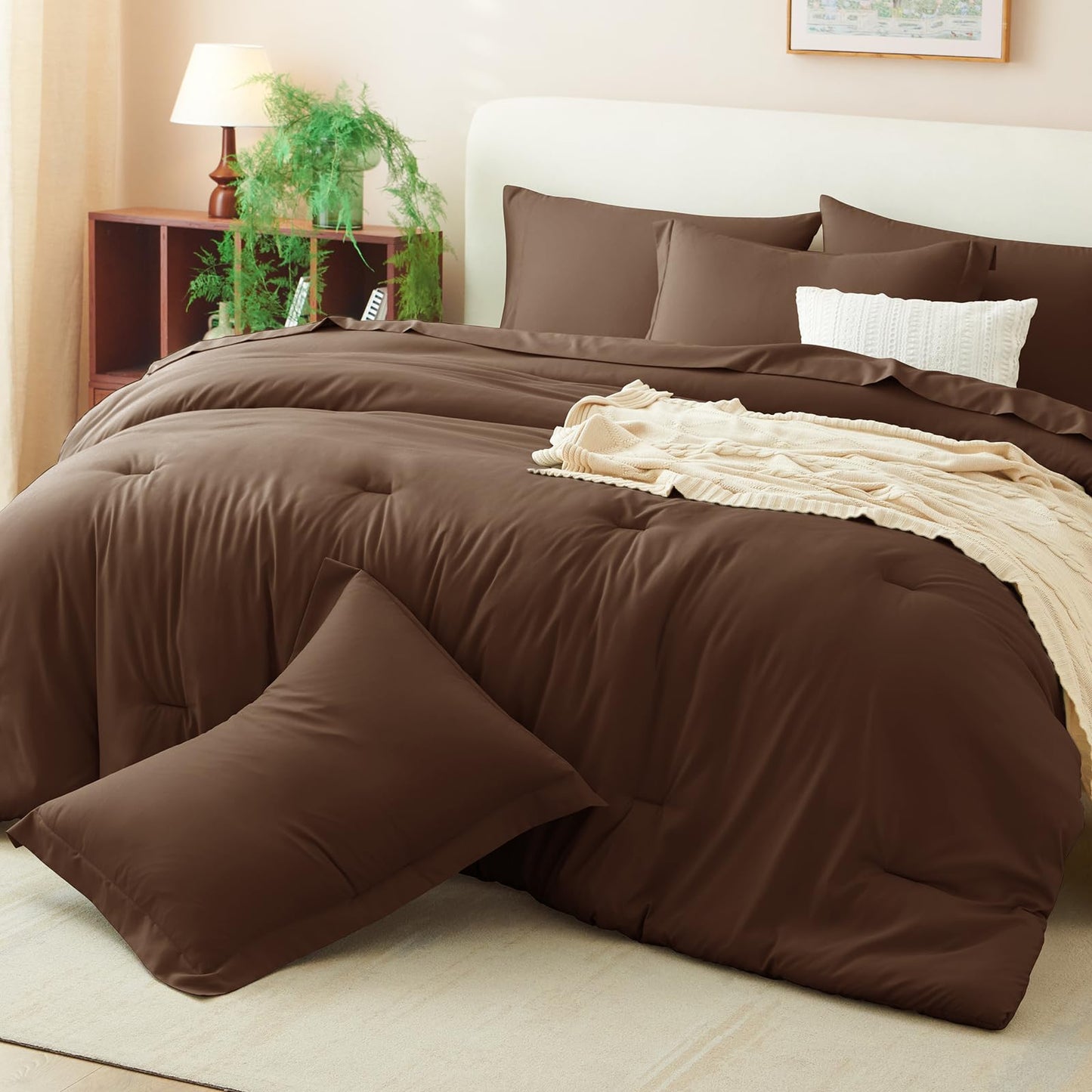 CozyLux King Size Comforter Set Brown, 7 Pieces Bed in a Bag King Comforter Set with Sheets, Luxury Soft Bedding Sets with Down Alternative Comforter, Fitted Sheet, Flat Sheet, Pillowcases & Shams