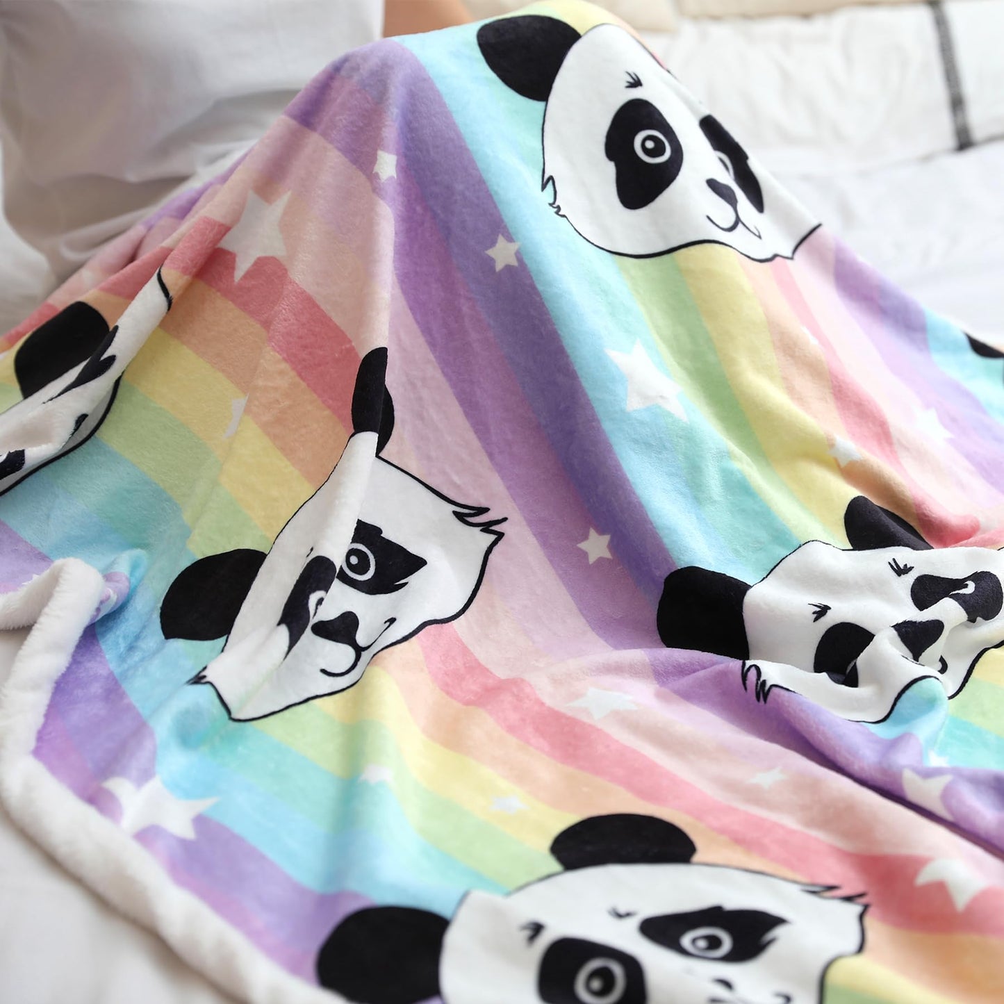 Panda Pattern Flannel Blanket - Super Soft Rainbow Cozy Throw for Girls Kids Teens, Lightweight, Cute Bedding for Home Bedroom Sofa Couch Gifts for Pandas Lover (Rainbow Panda, 50x60 Inches)