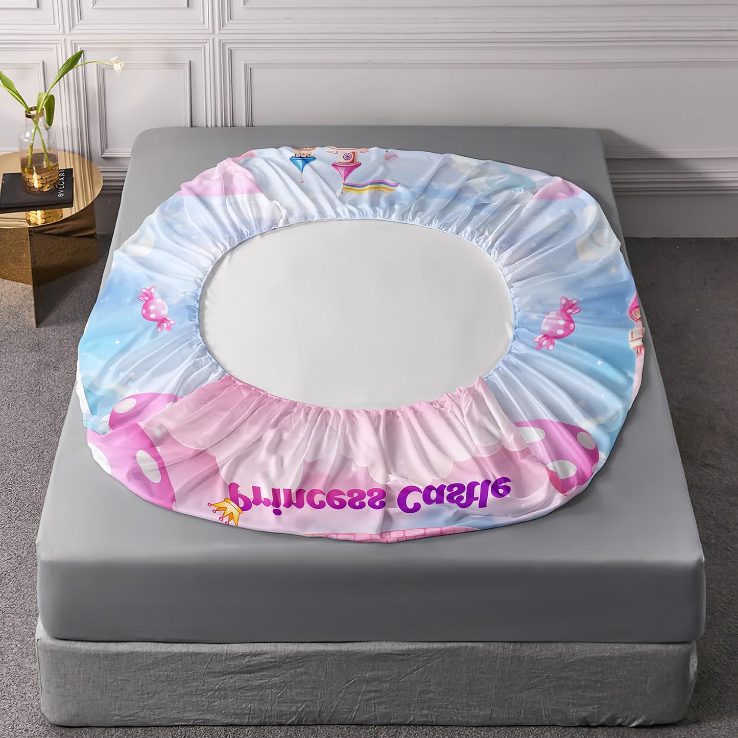 AILONEN Fairy Castle Fitted Sheet Set Twin XL Size, Pink Princess Castle Bedding Set for Kids Teens Girls,Sky Love Candy Bed Sheet Set,1 Fitted Sheet + 2 Pillowcases,3Pcs