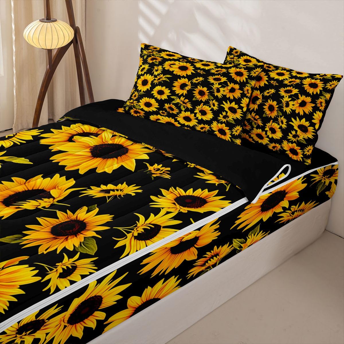 Feelyou Sunflower Comforter Set Queen Botanical Floral Zipper Bedding Set for Kids Boys Girls Yellow Sunflower Bed in a Bag Microfiber with 2 Pillow Cases