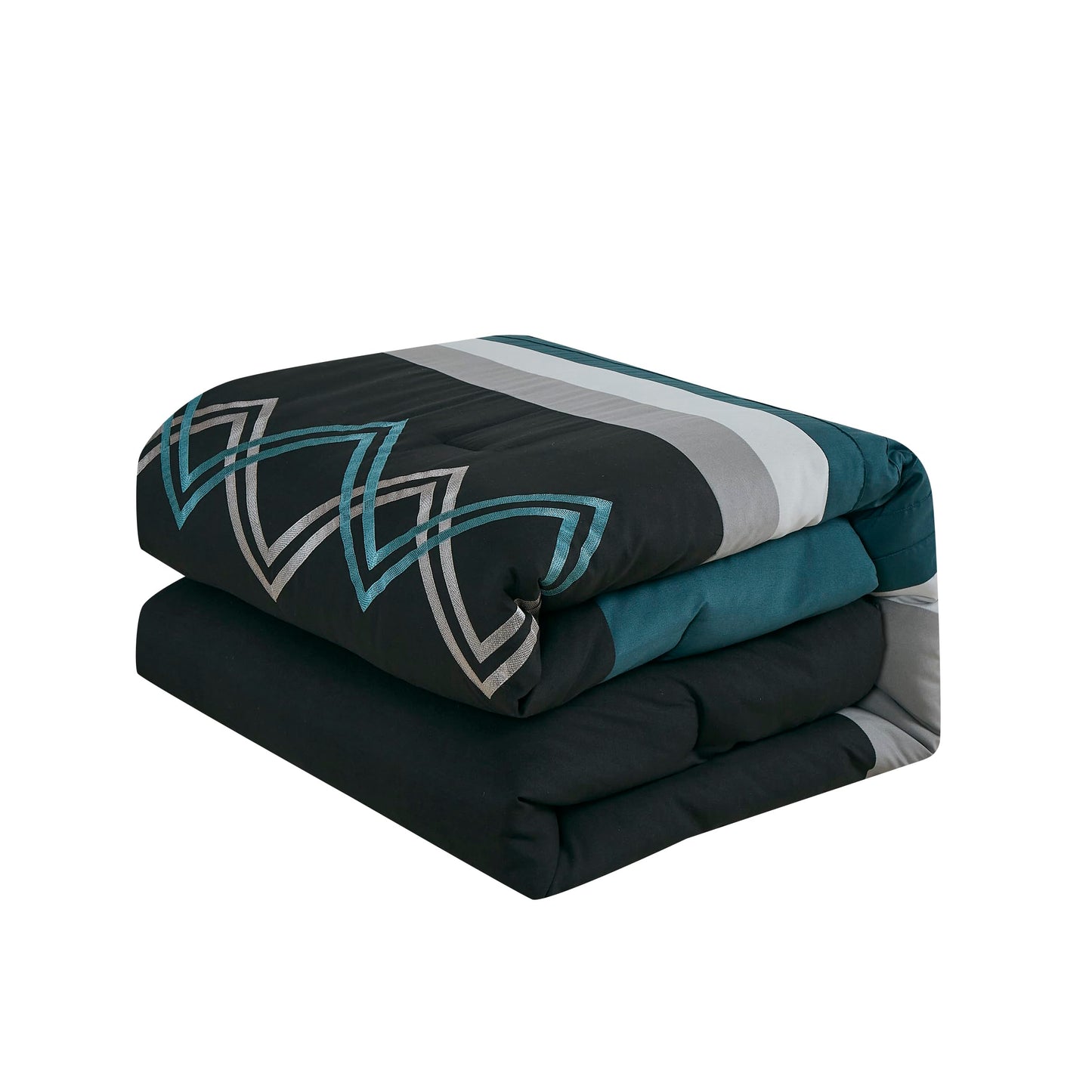 Chezmoi Collection Arden 7-Piece Modern Pleated Stripe Embroidered Zigzag Bedding Comforter Set (Queen, Teal/Black/Gray)