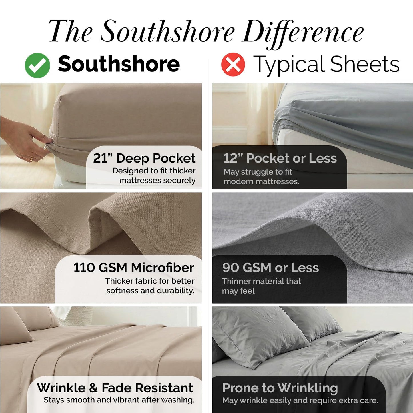 Southshore Fine Living, Inc. Queen Sheet Set, Deep Pocket Bed Sheets, Queen Size Set with 21" Deep Pocket Fitted Sheet, Pleated Flat Sheet and Queen Pillow Cases Set of 2, Taupe Sheets Queen Size