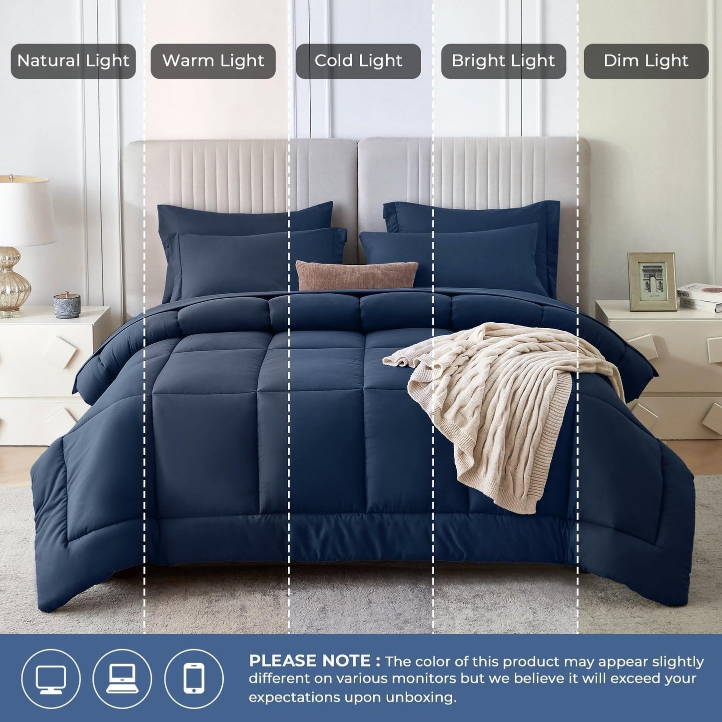 Sasttie Queen Comforter Set, Navy 7 Pieces Bed in a Bag Queen, Complete Bedding Set Includes Comforter, Flat Sheet, Fitted Sheet, Pillowcases and Pillow Shams, Navy