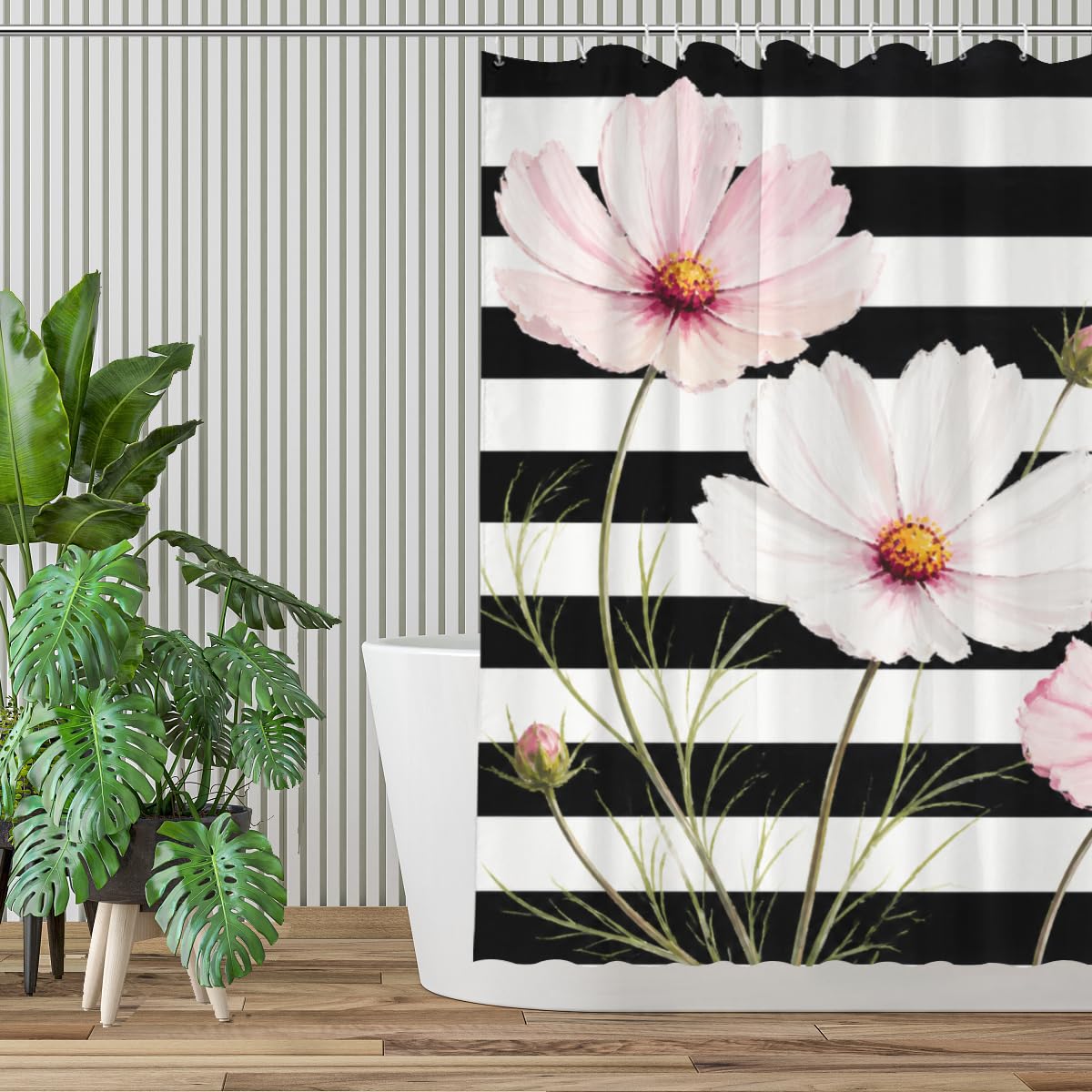 TopPacific Cosmos Flower Stripe Shower Curtain 72x72 Inch Shower Curtain with 12 Hooks Polyester Pink Cosmos Flowers Green Stems Black White Stripes Bathroom Decor