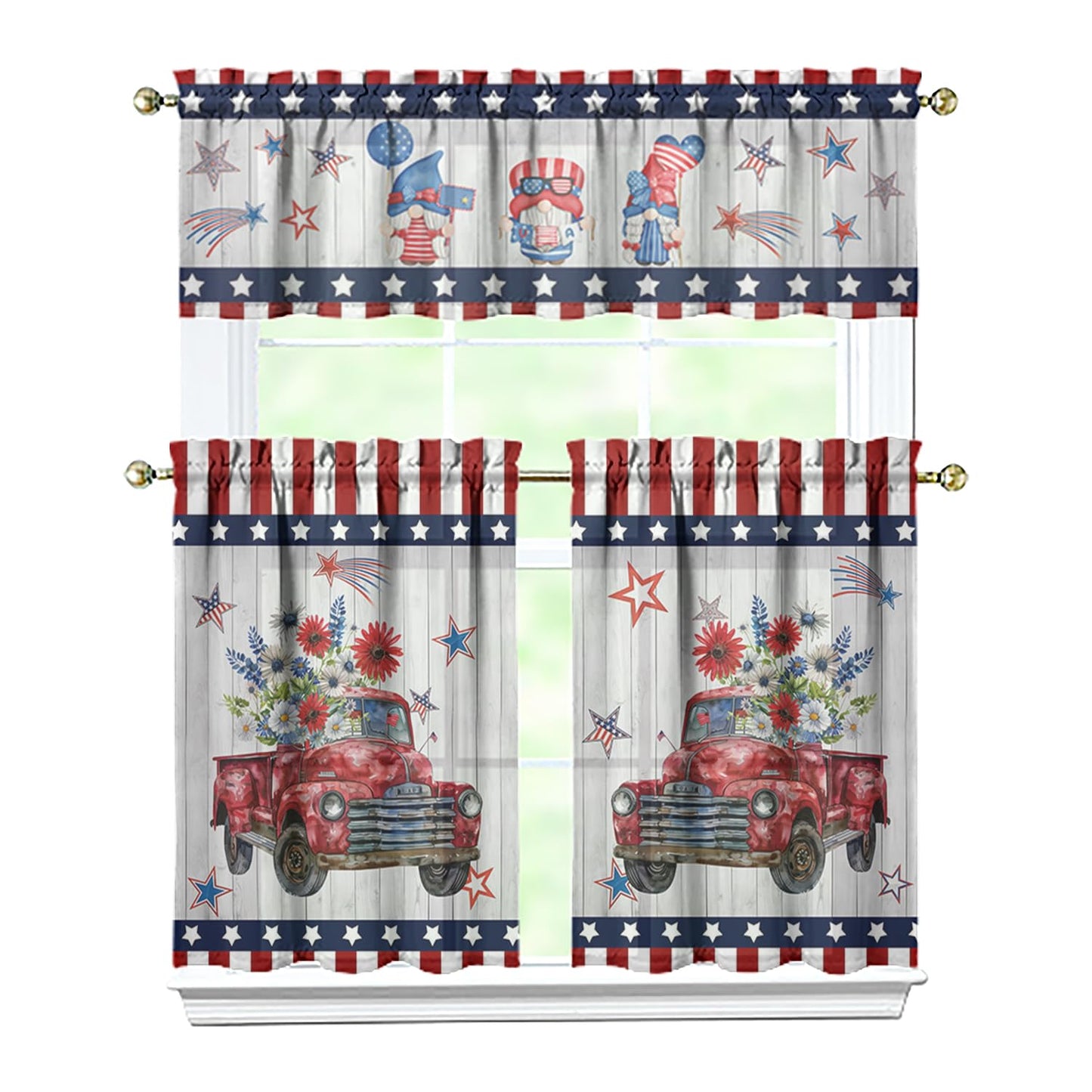 American 4th of July Kitchen Curtains Valances and Tiers Set for Windows, Patriotic Independence Memorial Day Bathroom Window Curtain Valance 3 Piece Sets,Kitchen Decor for Living Room,54"x 36"
