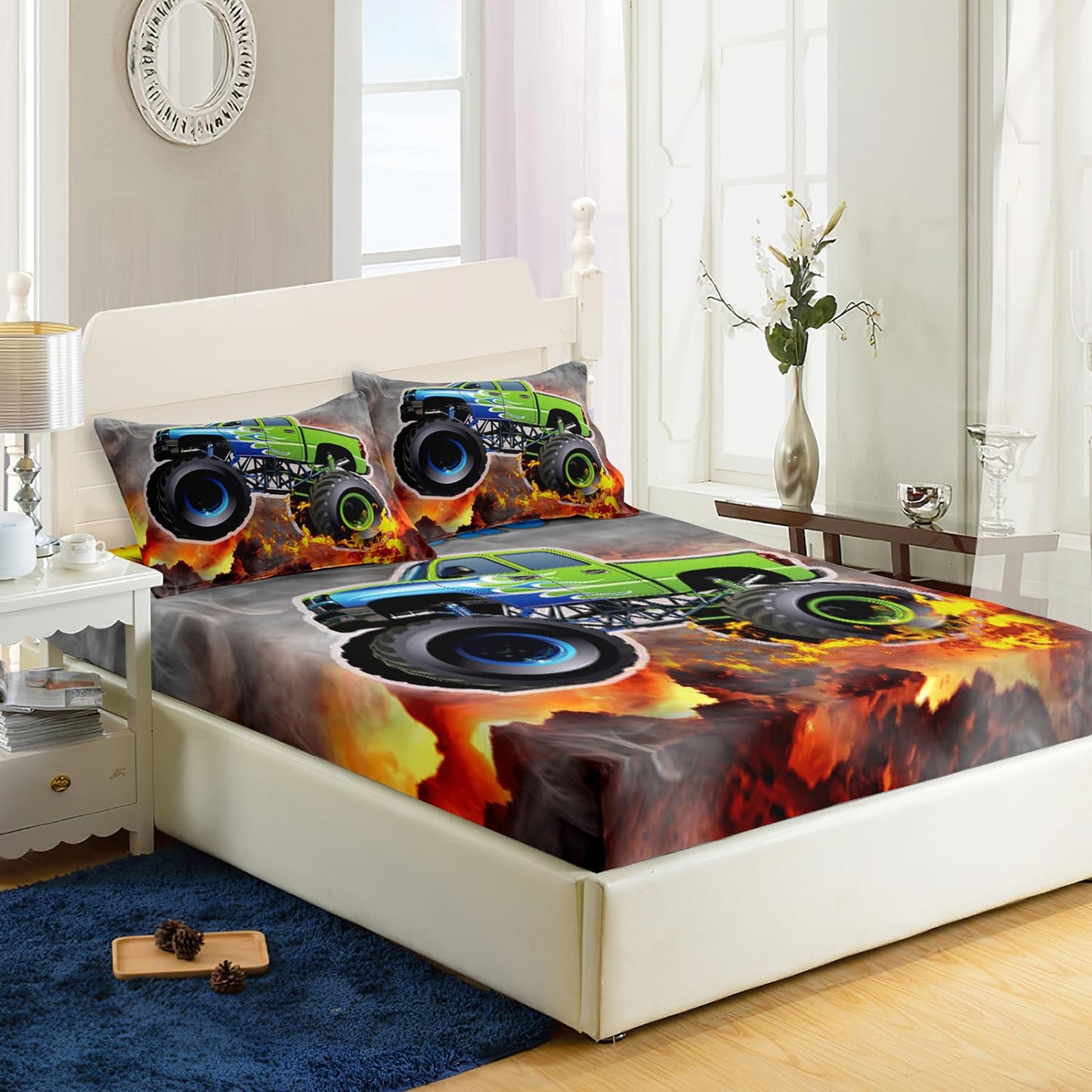 AILONEN Cartoon Green Monster Trucks Fitted Sheet Set Twin Size for Kids Boys, Extreme Sports Bedding, 3 Pieces: 1 Fitted Sheet and 2 Pillowcases