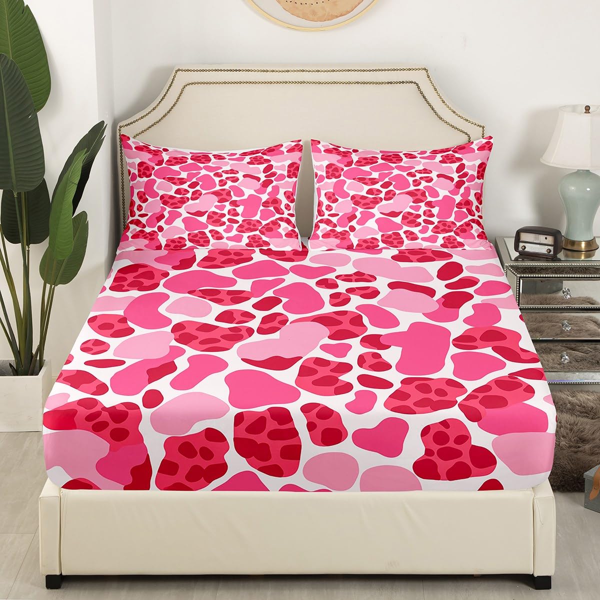 Feelyou Leopard Fitted Sheet Queen Size Cheetah Bed Sheet Set for Boys Teens Decor Hot Pink Bedding Set Safari Bed Cover Bedroom Animal Print Bed Set 3Pcs