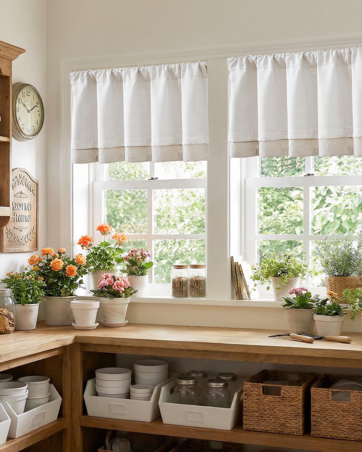 jinchan Faux Linen Valance Kitchen Curtain Light Filter Double Layer 18in