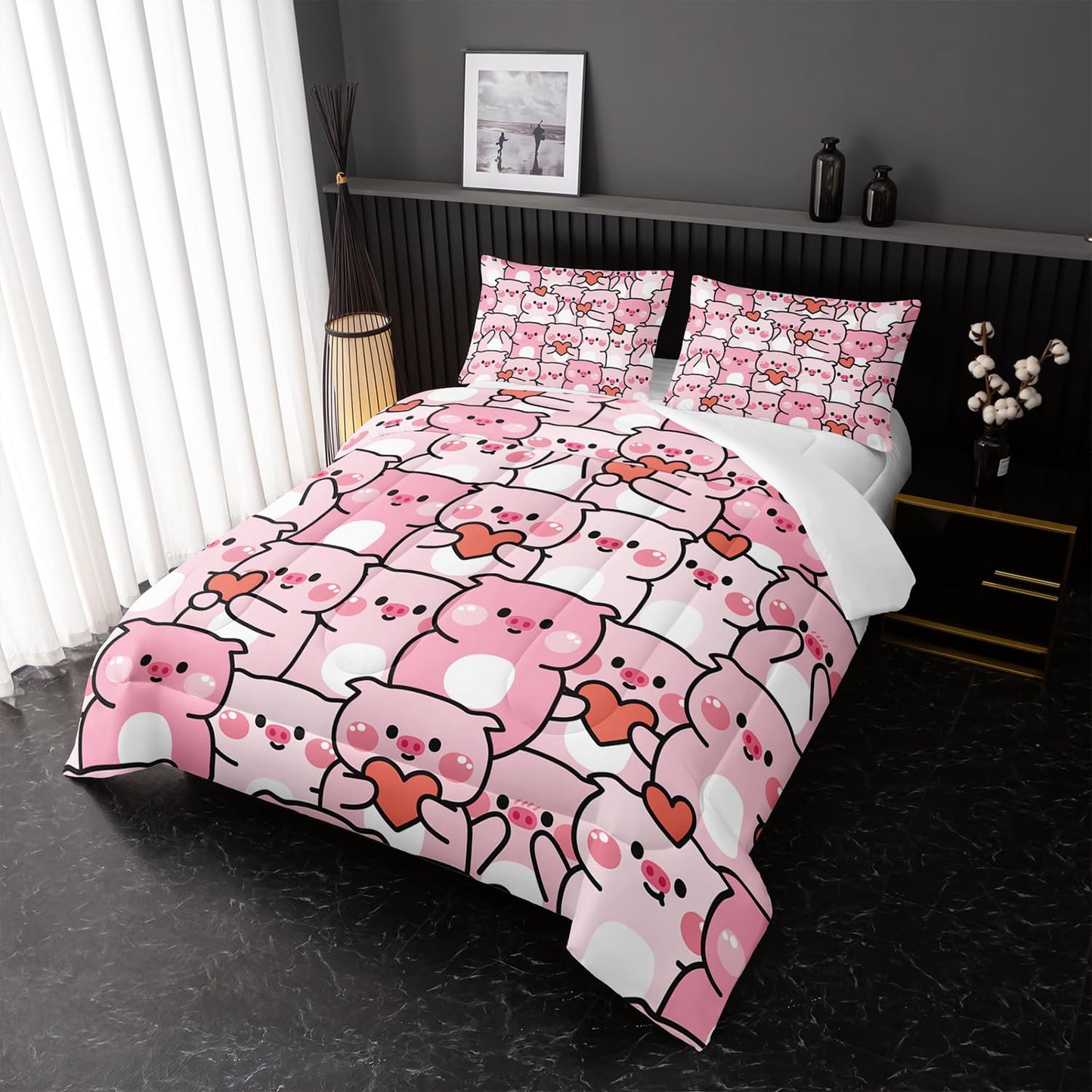 Pink Pig Comforter Set Twin，Kawaii Pink Cute Animals Bedding Set for Kids Boys Girls Teens Room Decor Kawaii Animals Comforter Set Farmhouse Wildlife Theme Bedroom Living Room Decor，All Season