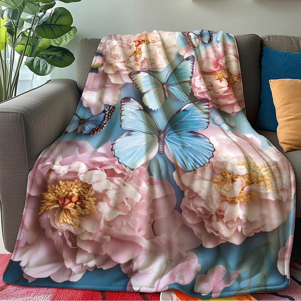 HUNXIAOJ Butterfly Print Throw Blanket Floral Butterfly Blanket Insect Throw Warm Soft Flannel for Adults Bed Sofa Couch (50 in x 60 in)