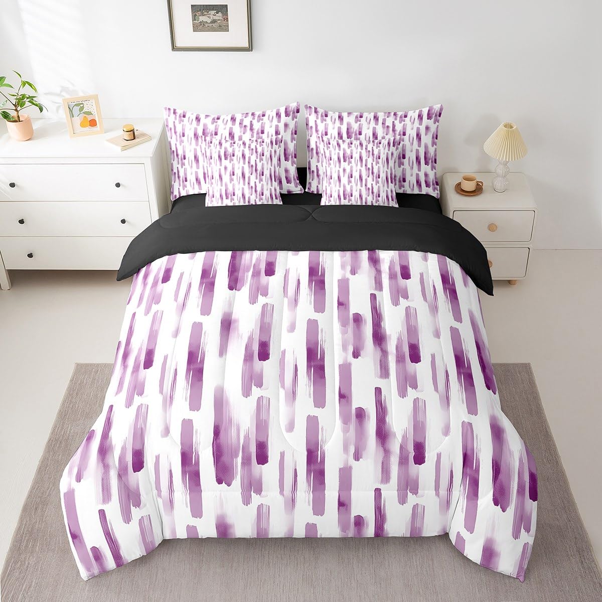 Erosebridal 7Pcs Purple Pink Striped Comforter Set King for Women Men,Modern Geometric Abstract Bedding,Gradient Art Aesthetic Bed in A Bag,Contemporary Boho Graffiti Quilt Set with Pillowcases
