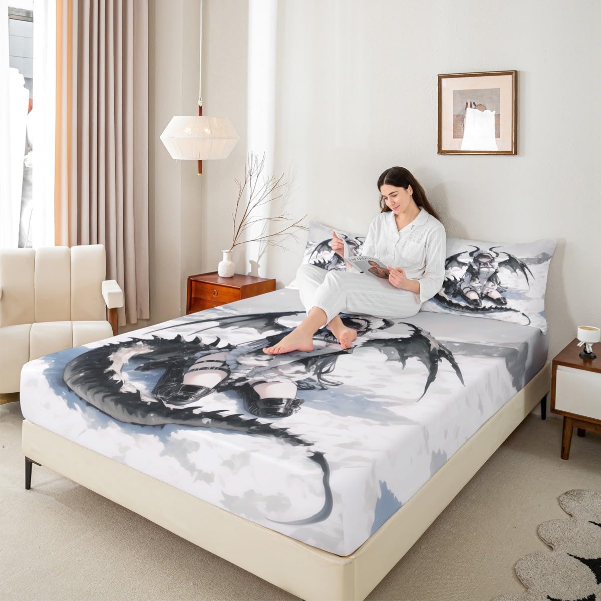 Erosebridal Anime Girl Bed Sheets Full, Japanese Anime Bedding Set for Kids Girls Teens Women Bedroom, Cartoon Girl Fitted Sheet Japanese Animation Sci Fi Style Sheets,2 Pillow Cases