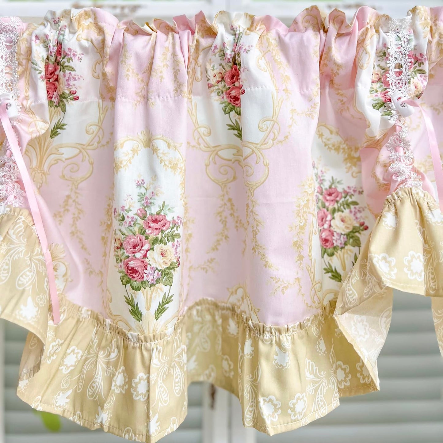 European Floral Tie Up Curtains for Kitchen Adjustable Balloon Shade Window Valance Elegant Cafe Bathroom Dining Room Window Drapes Rod Pocket 1 Panel (W59 X L16 INCH,Pink)