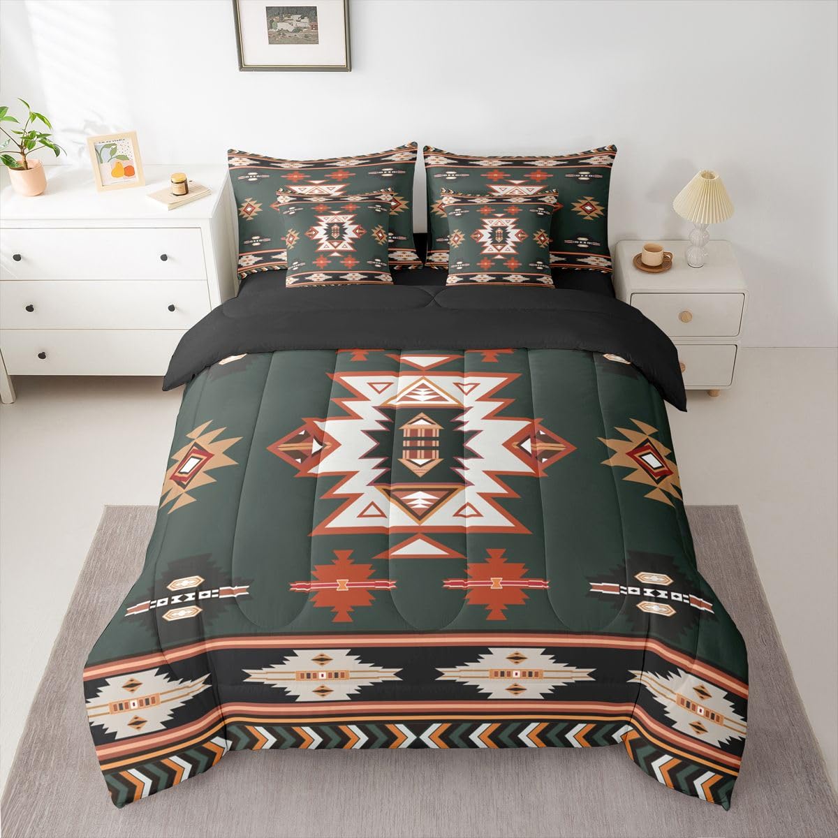 Erosebridal Western Twin Comforter Set with Sheets | Boho Decor Geometric 7 Piece Bedding Set Bohemian Aztec Bed in a Bag, Ethnic Tribal Arrow Room Decor,Green