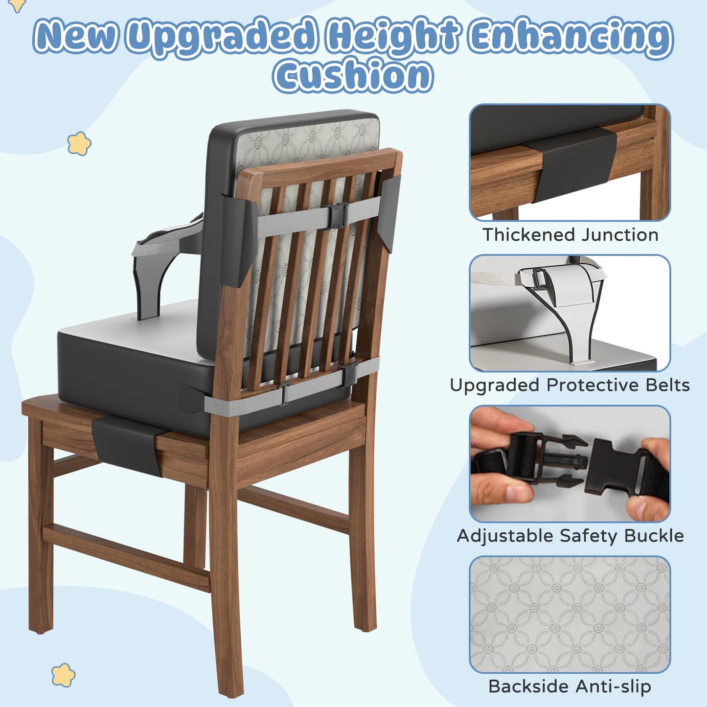 Booster Seat for Kitchen Chair, Toddler Booster Seat for Dining Table with Backrest & Safety Buckles, Non-Slip Portable Dining Seat, High Chair Alternative for Home & Travel