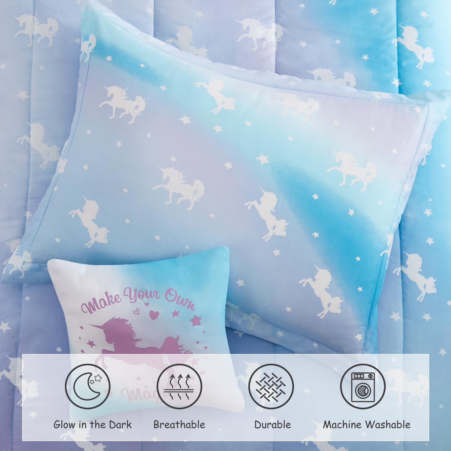 Wink Deer Twin Comforter Set for Girls-3 Pieces Unicorn Glow in the Dark Twin Bedding Sets for Kids,1 Comforter,1 Sham and 1 Decor Pillow