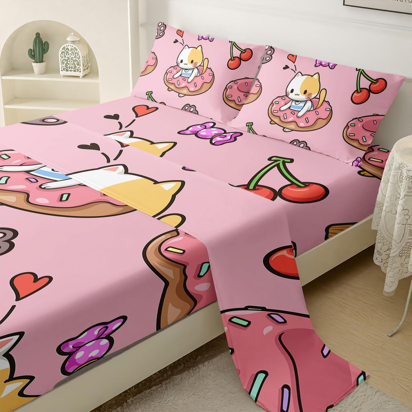 QOOMO Kawaii Cat Sheet Set,Doughnut Kids Bed Sheets,Cherry Printed 16" Deep Pocket Bed Sheet Set for Girls/Kids/Teens，4 Piece Sheet Set, 1 Fitted Sheet,1 Flat Sheet and 2 Pillowcases，Twin Size
