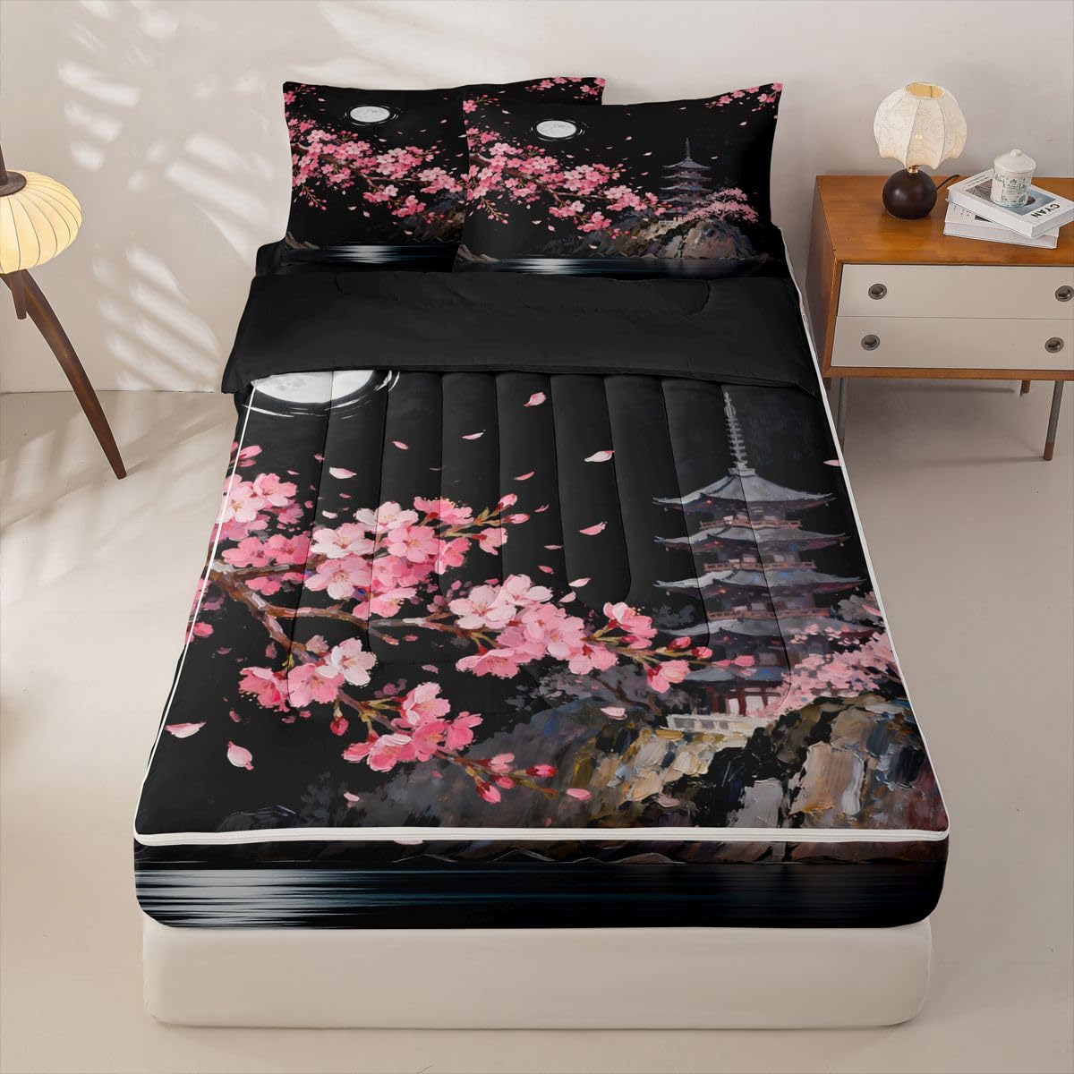 jejeloiu Japanese Style Building View Zipper Bedding Twin Pink Cherry Zipper Bedding Sets for Kids Boys Girls Night Moon Comforter Set with Fitted Sheet and 2 Pillowcases Romantic Exotic Bedroom Decor